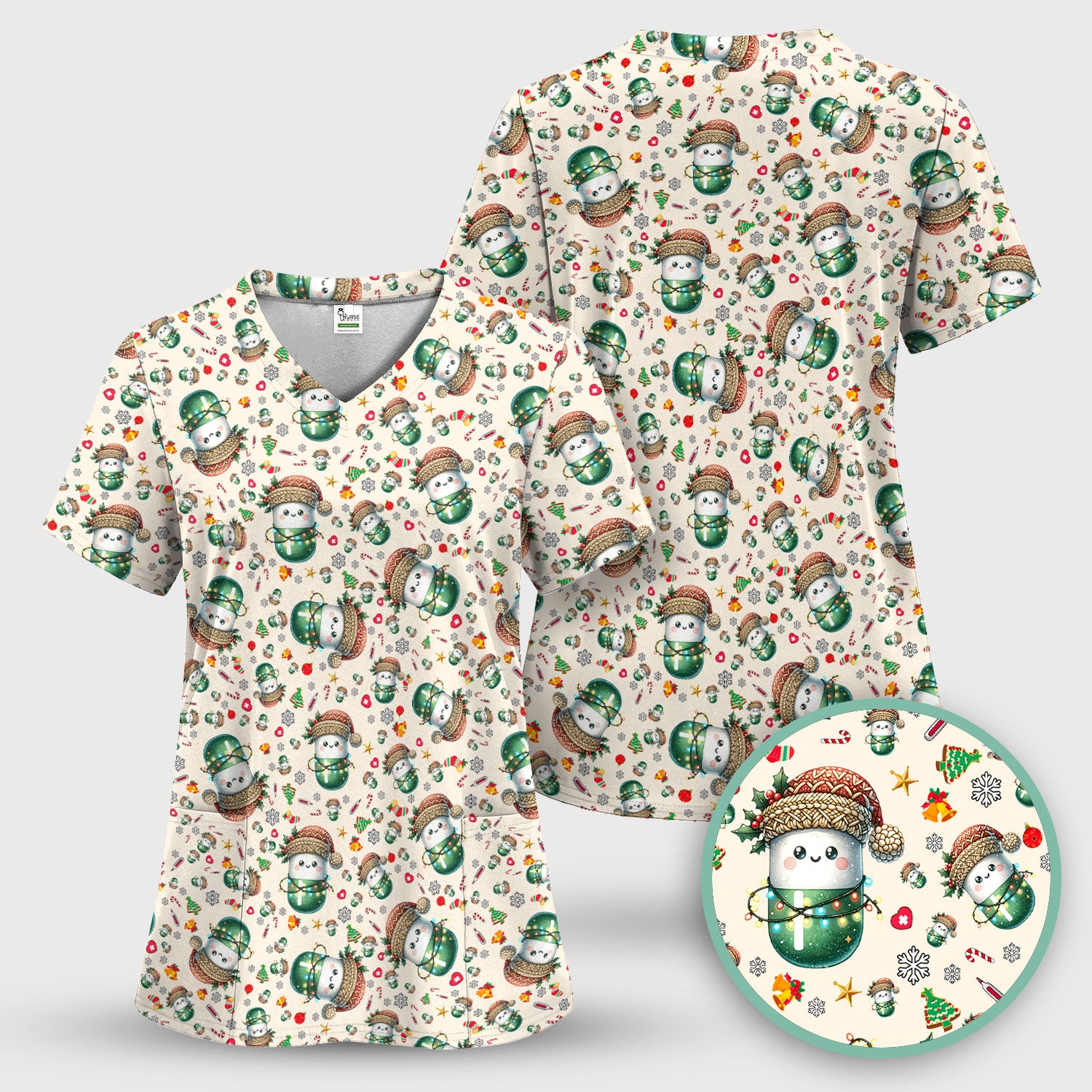 Pharmacy Tech Christmas Scrub Top – Cute Green Snowman Print Nurse Outfit – Funny Holiday Medical Uniform for Pharmacists
