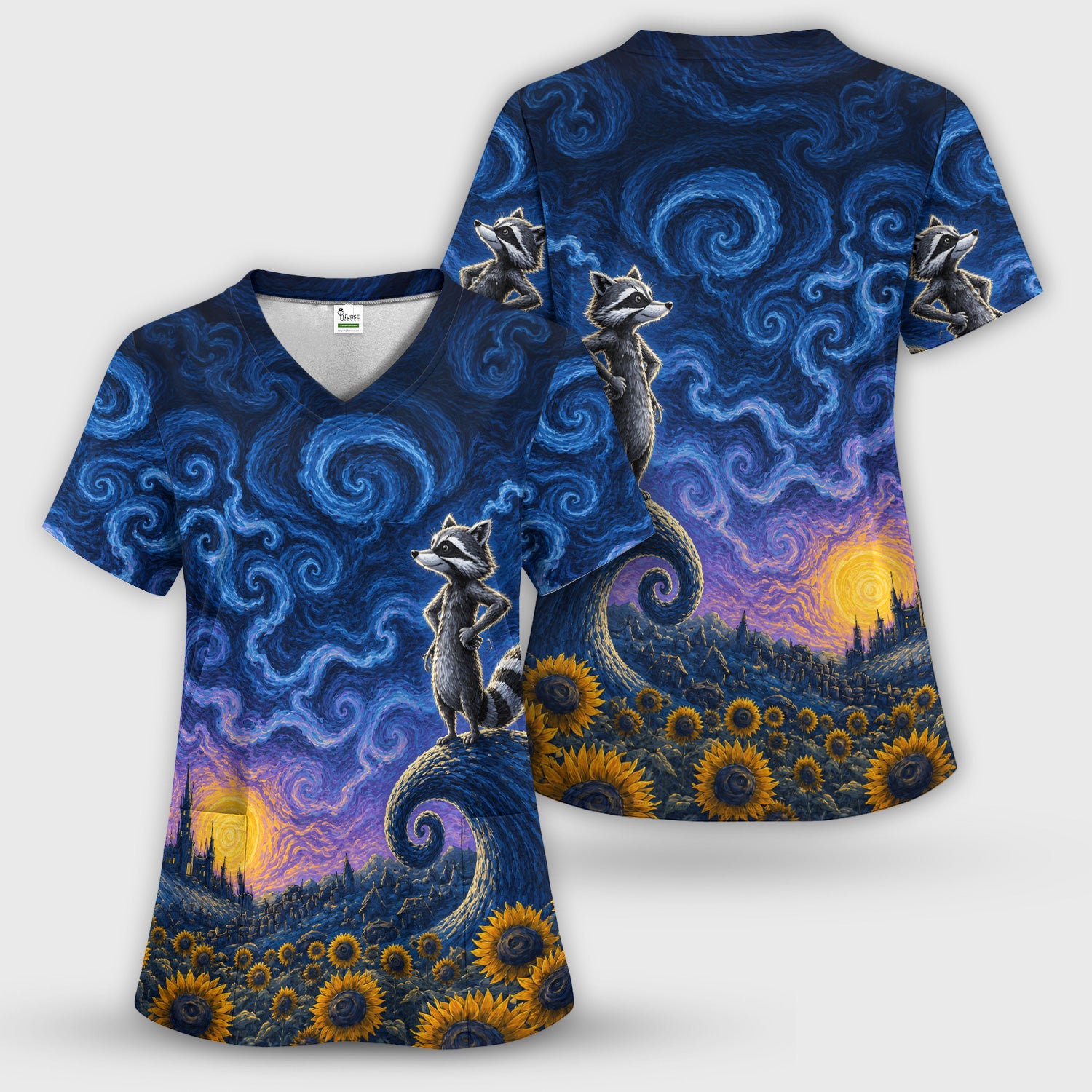 Starry Raccoon Print Scrub Top, Comfortable Scrubs for Nurses