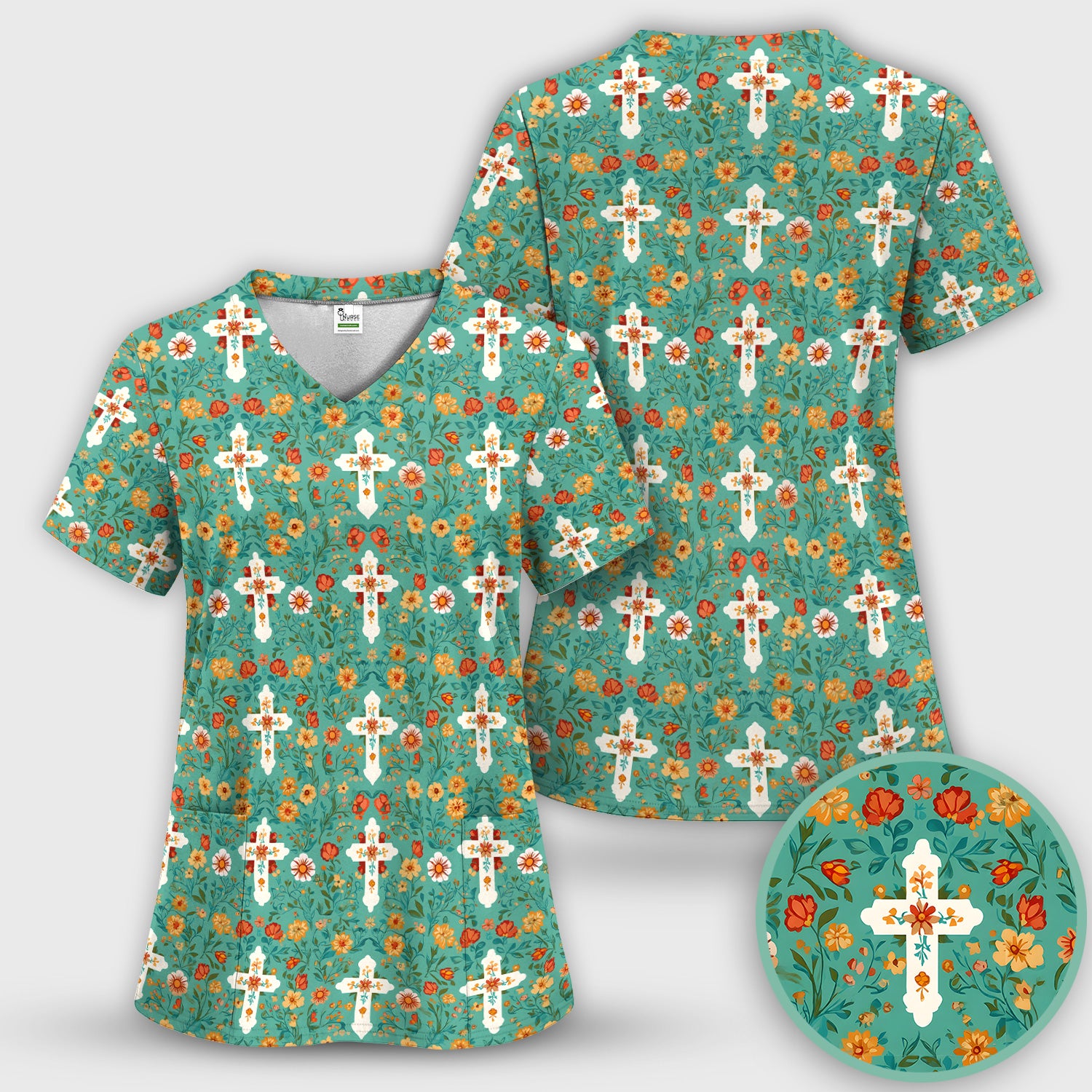 Christian Faith Floral Cross Pattern Scrub Top, Comfortable Scrubs for Nurses