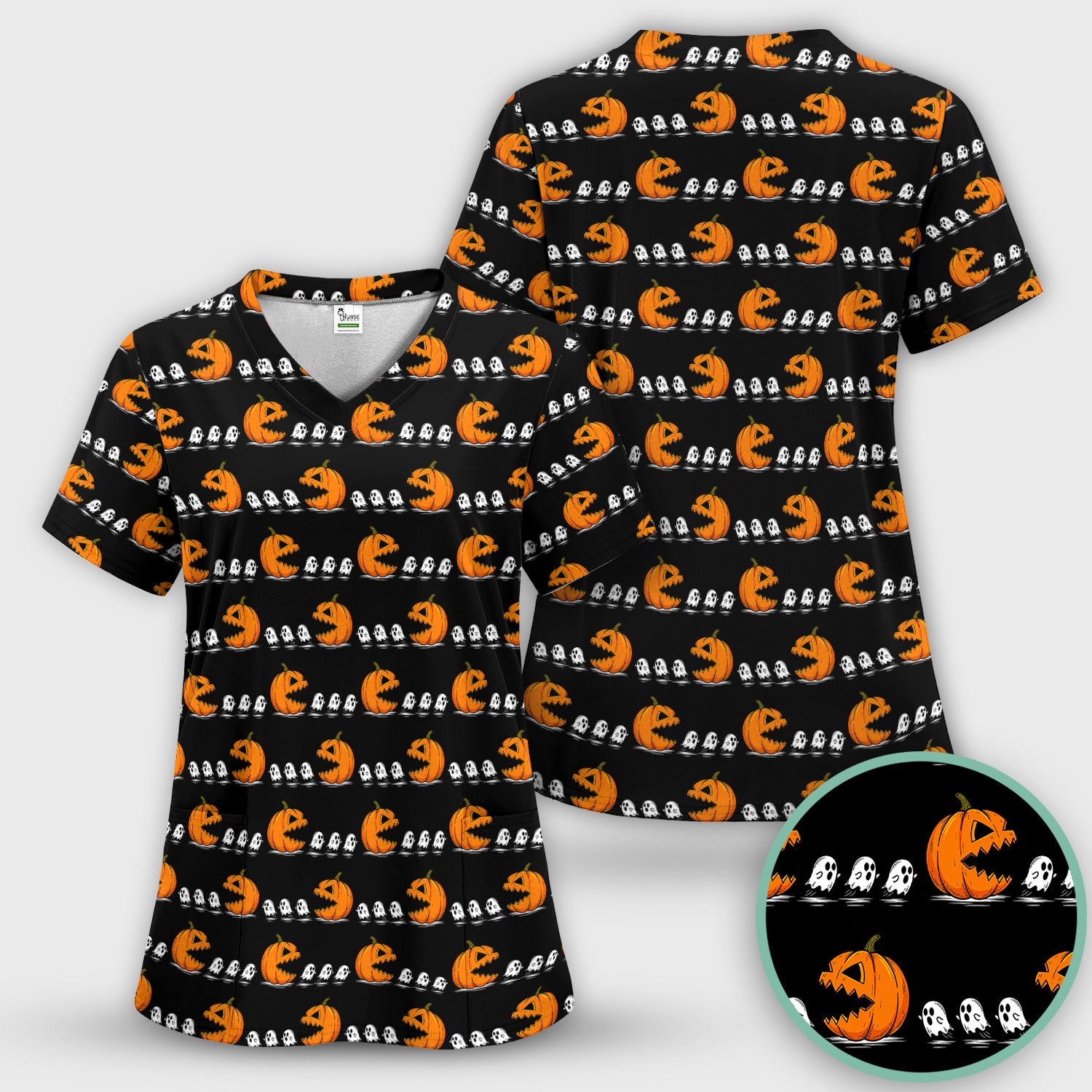 Spooky Halloween Pumpkin Ghost Scrub Top, Comfortable Scrubs for Nurses