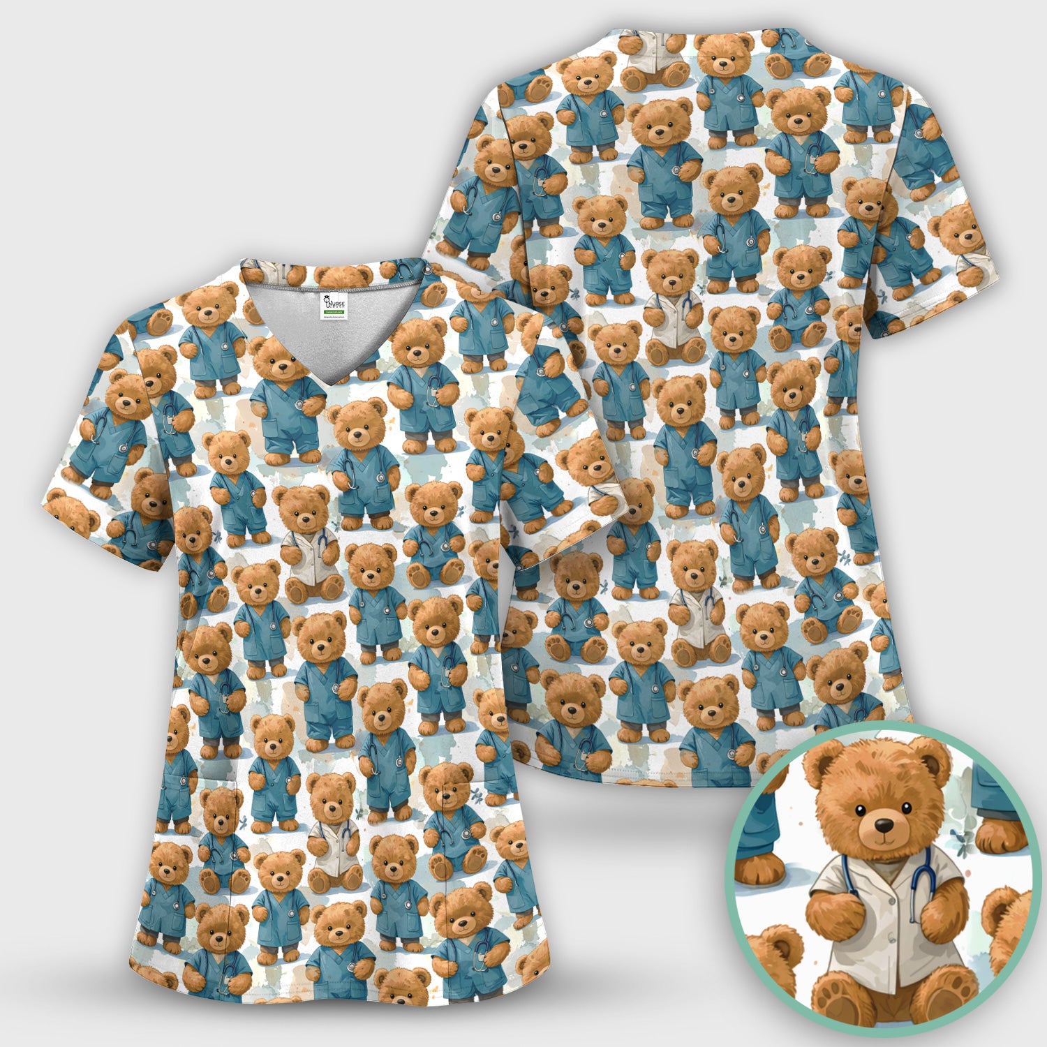 Teddy Bear Doctor Character Pattern Scrub Set, Scrub Pants and V Neck Top