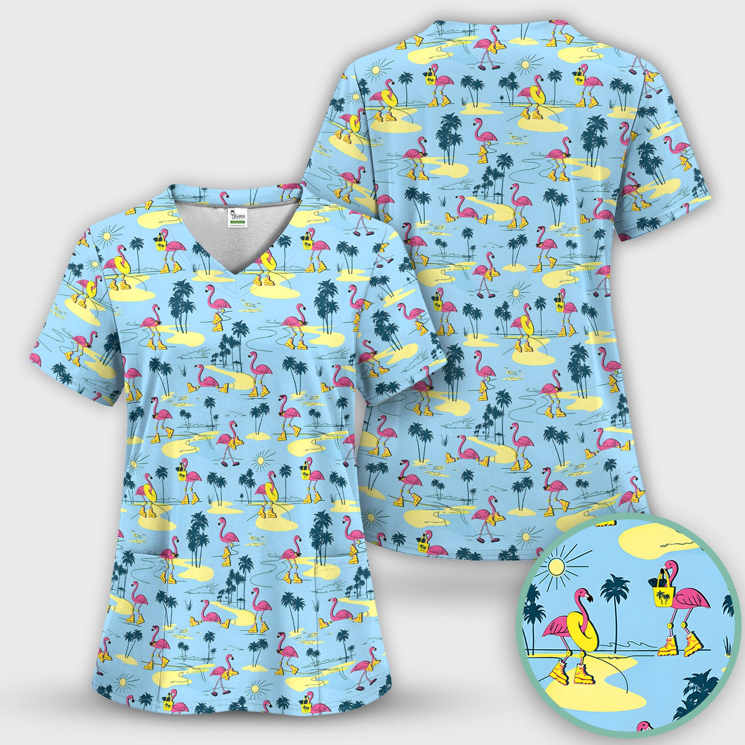 Retro Flamingo Nurse Print Scrub Set, Scrub Pants and V Neck Top