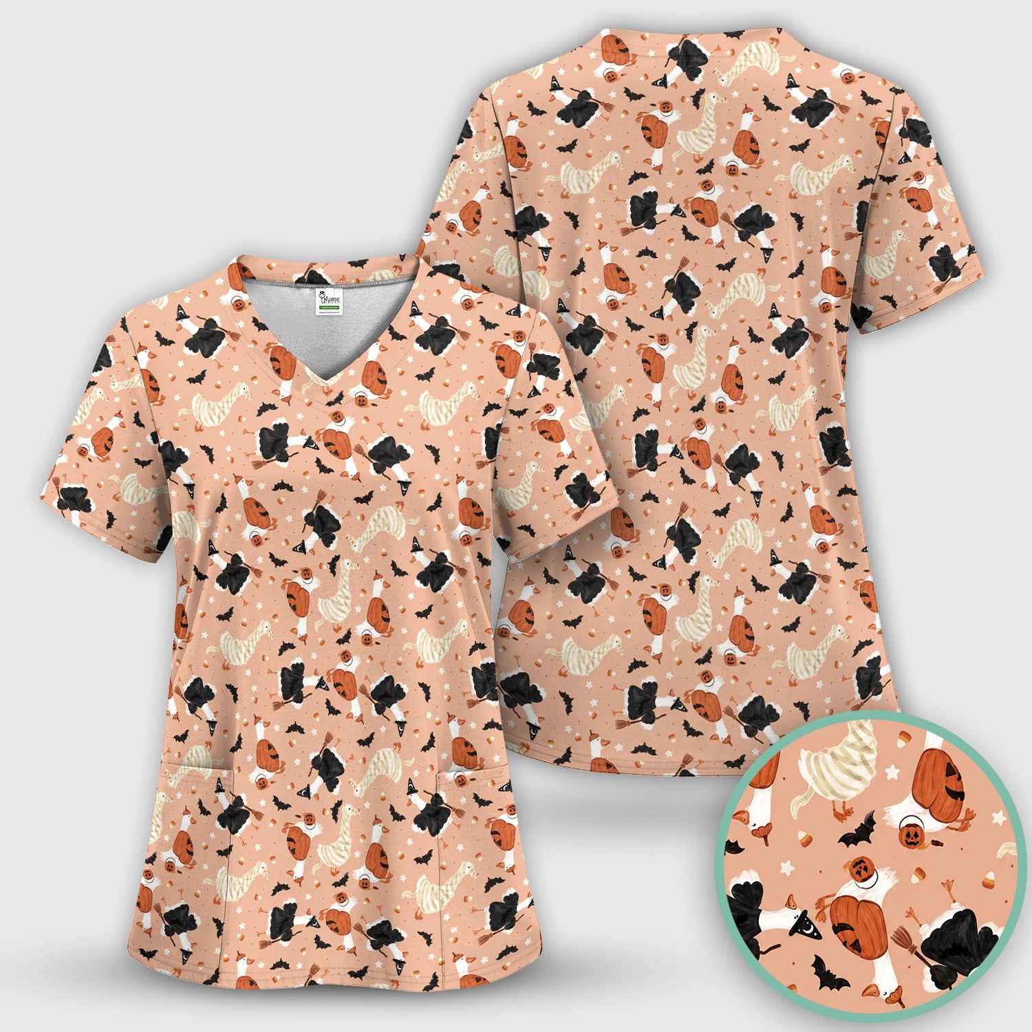 Halloween Goose with Pumpkin Bat Pattern Scrub Top, Comfortable Scrubs for Nurses