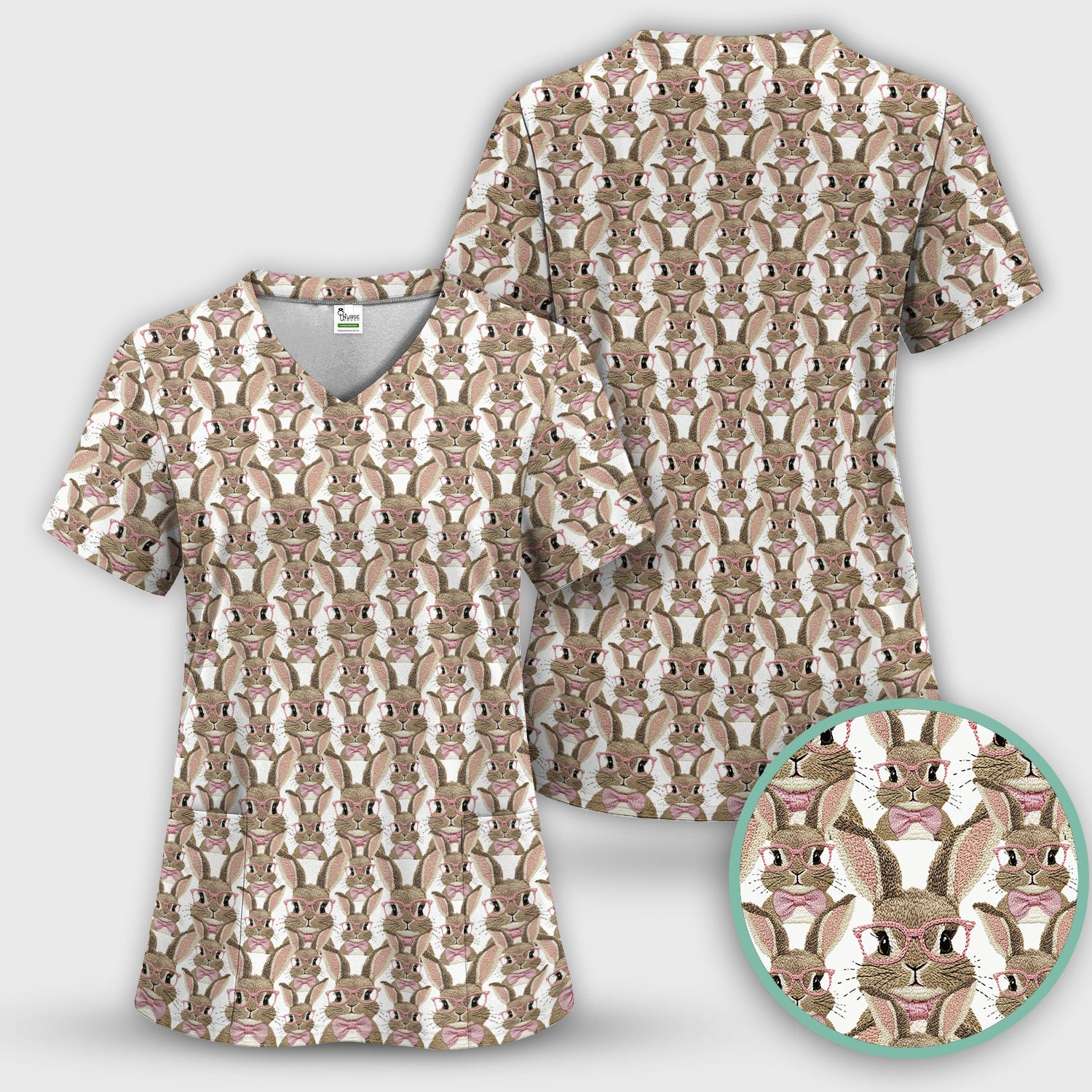 Cute Bunny With Glasses Pattern Scrub Top, Breathable Fabrics Nursing Uniform, Easter
