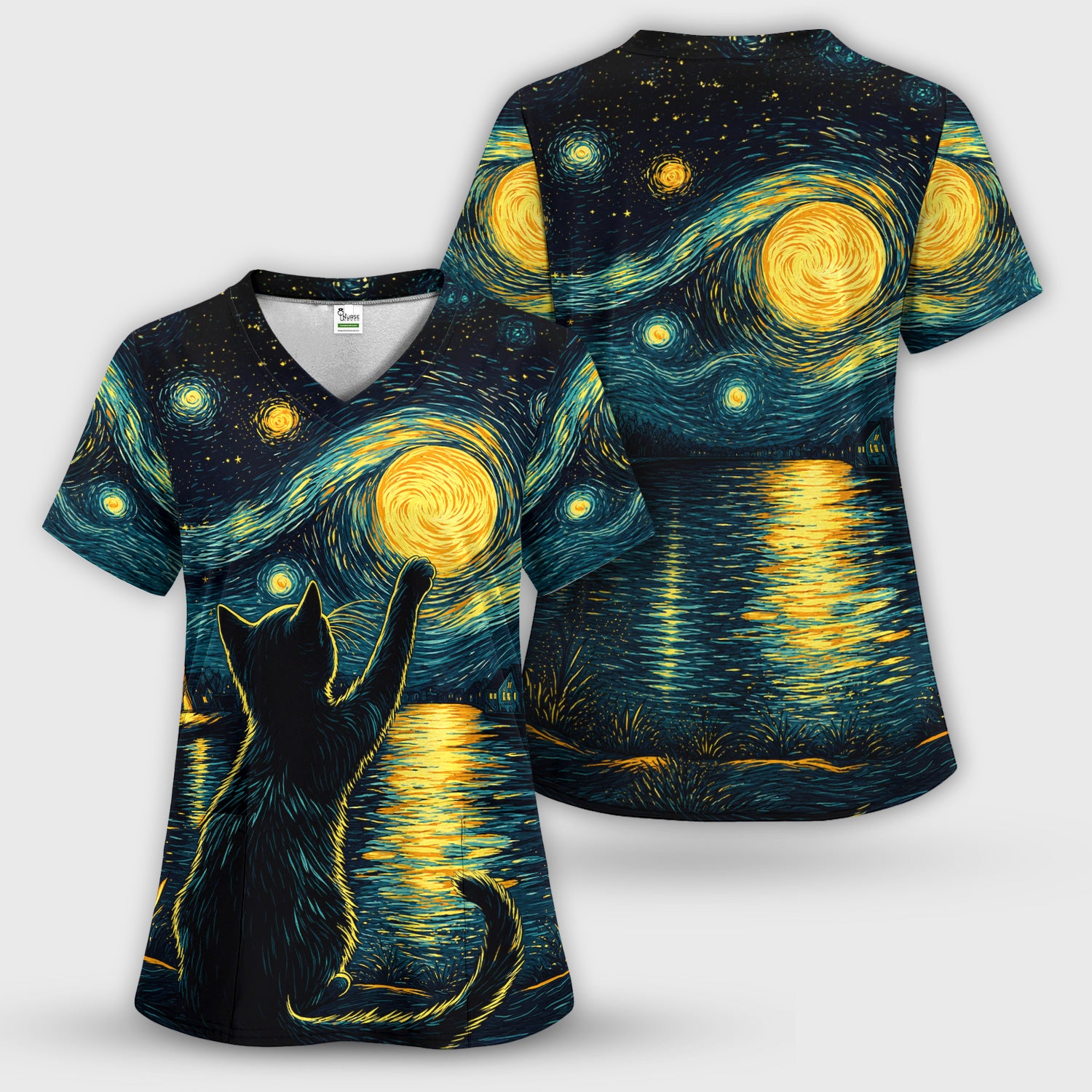 Starry Moonlit Black Cat Scrub Top, Comfortable Scrubs for Nurses