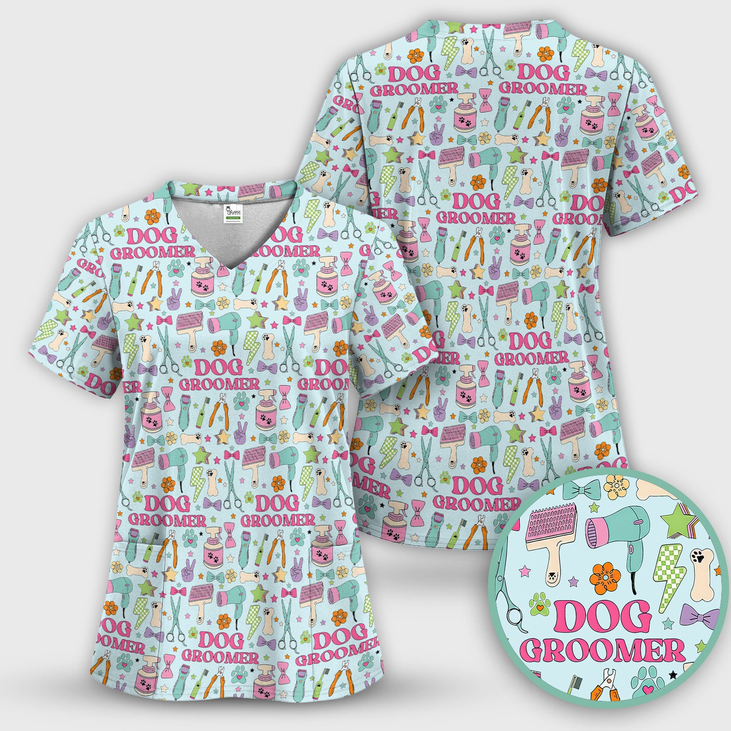 Dog Groomer Tools Pattern Nursing Scrub Top, Comfortable Scrubs for Nurses