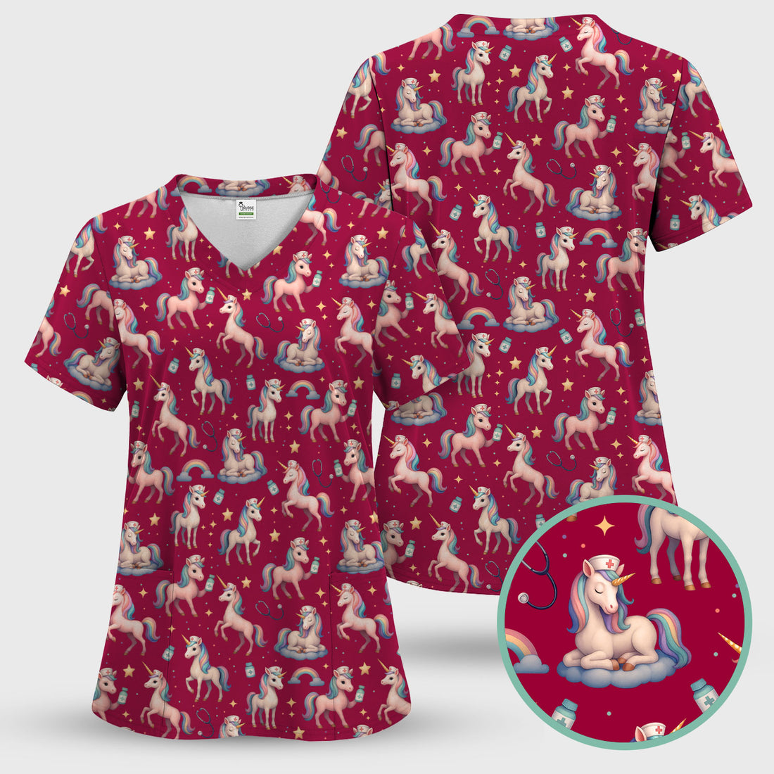 Unicorn Pattern Nurse Scrub Top - Pastel Rainbow Medical Shirt - Cute Fantasy Scrubs Gift for RN LPN CNA Healthcare Staff