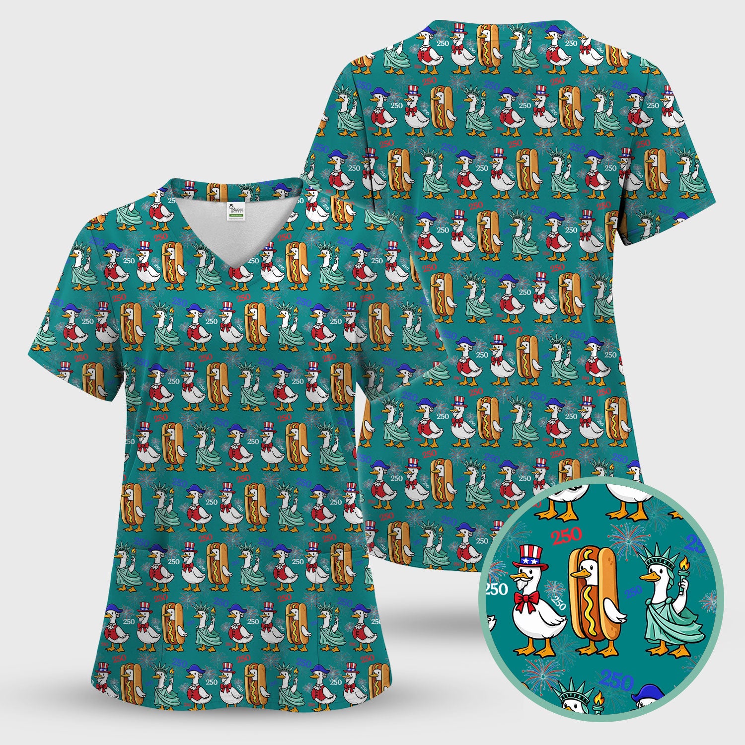 Patriotic Duck Independence Day Pattern Scrub Set, Scrub Pants and V Neck Top