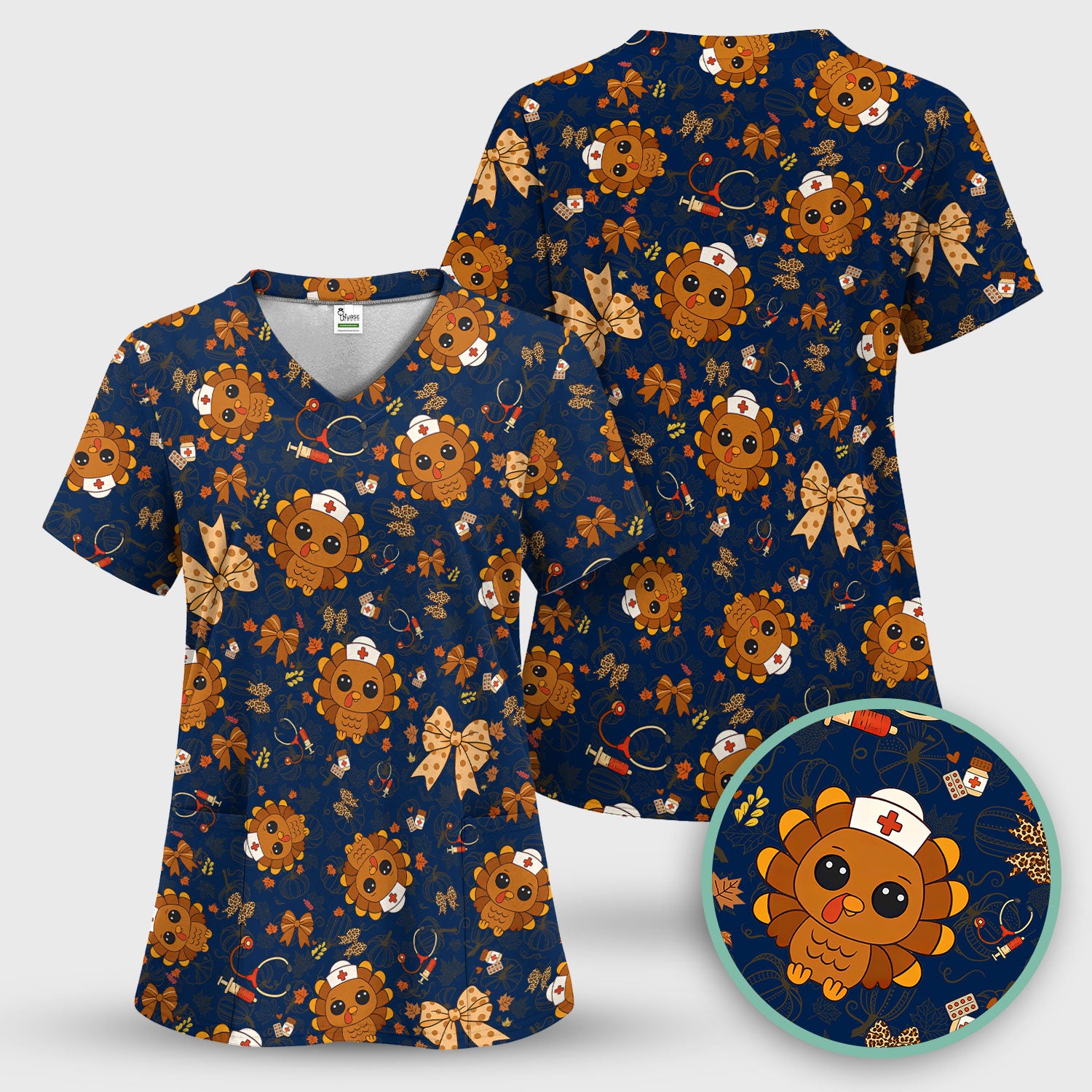 Thanksgiving Turkey Nurse Scrub Top for Women - Cute Fall Leaves and Bow Shirt - Autumn Medical Shirt Gift for RN CNA LPN Doctor