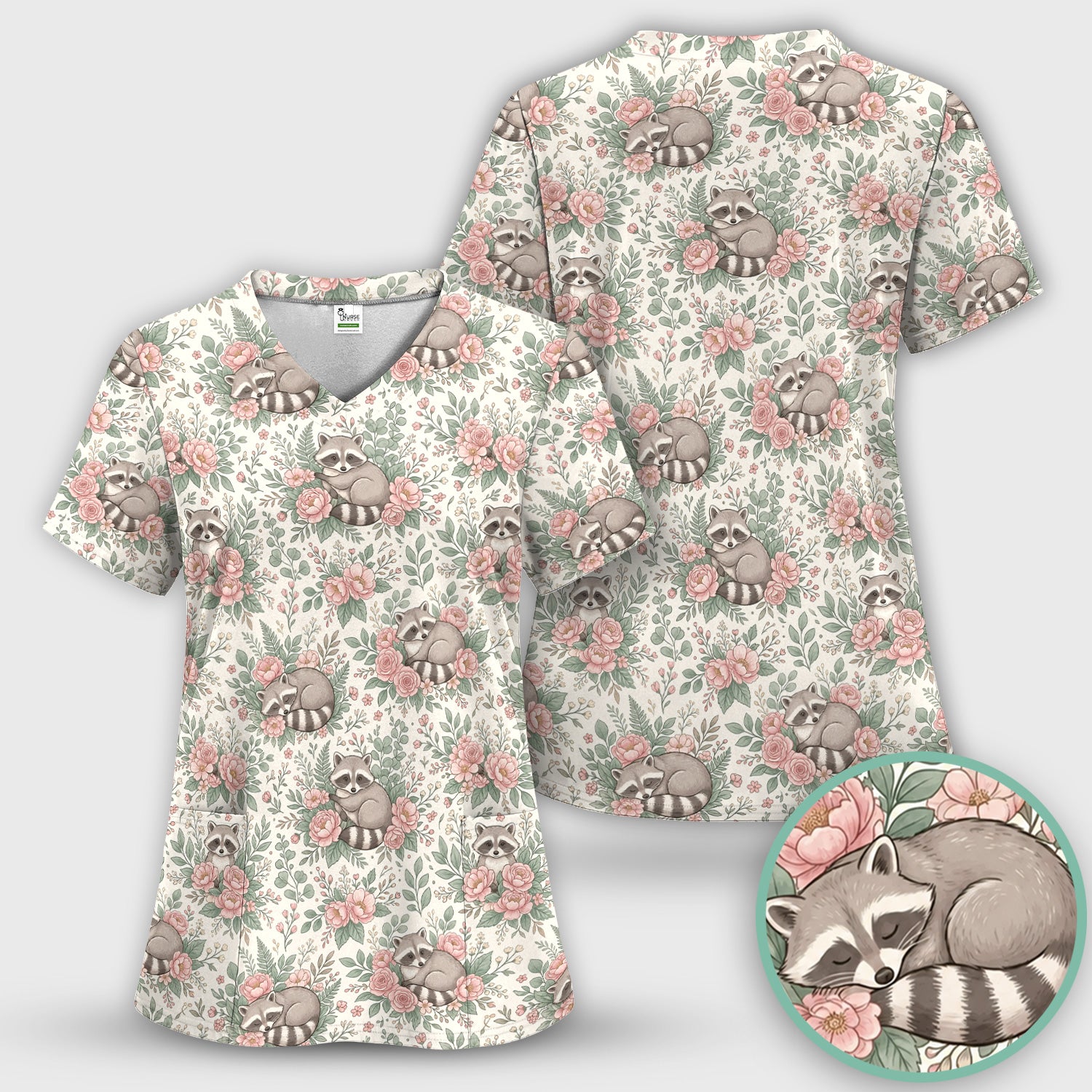 Sleeping Raccoon Rose Garden Pattern Scrub Set, Scrub Pants and V Neck Top