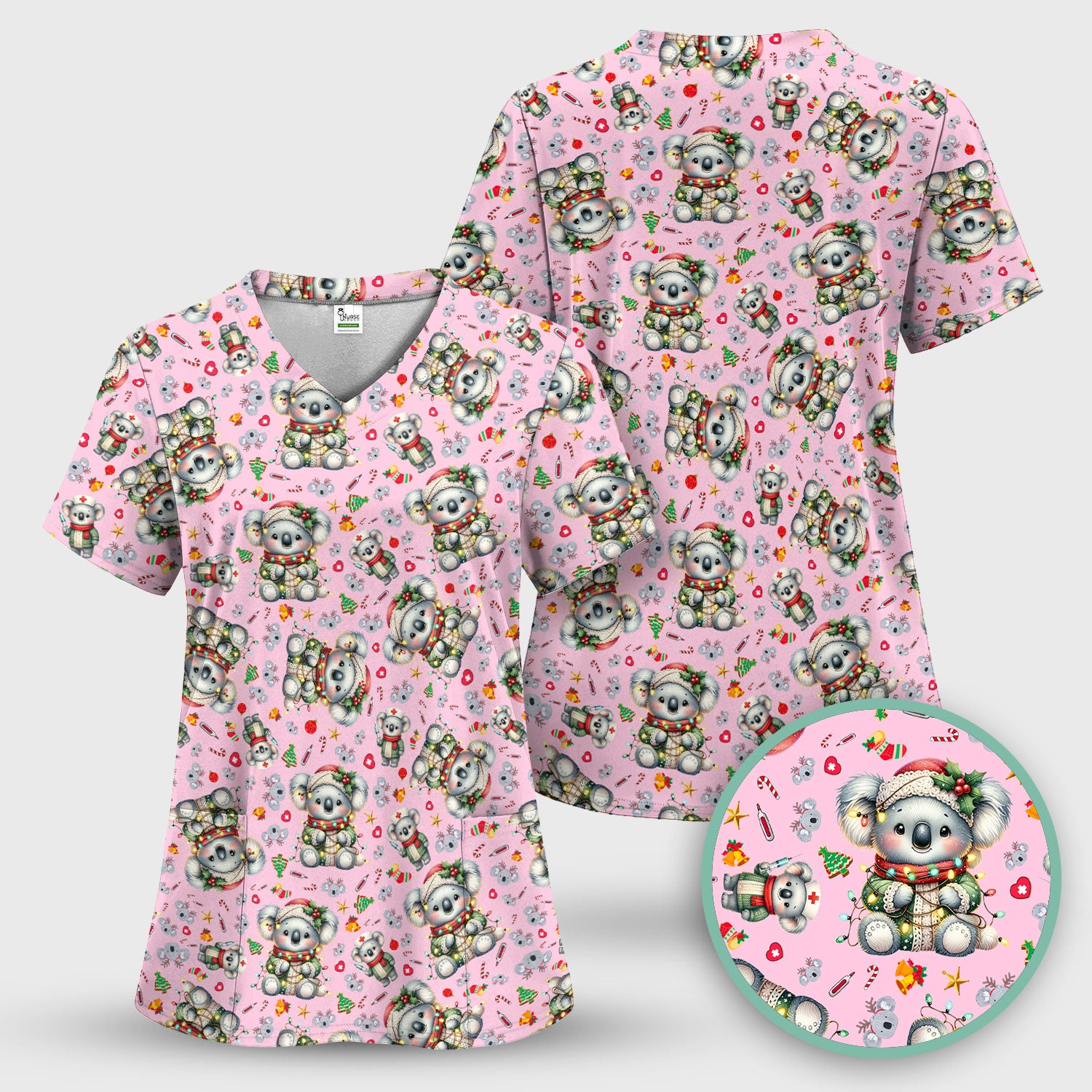Aussie Koala Nurse Scrub Top - Cute Christmas Medical Uniform - Funny Holiday Animal Scrubs for Women