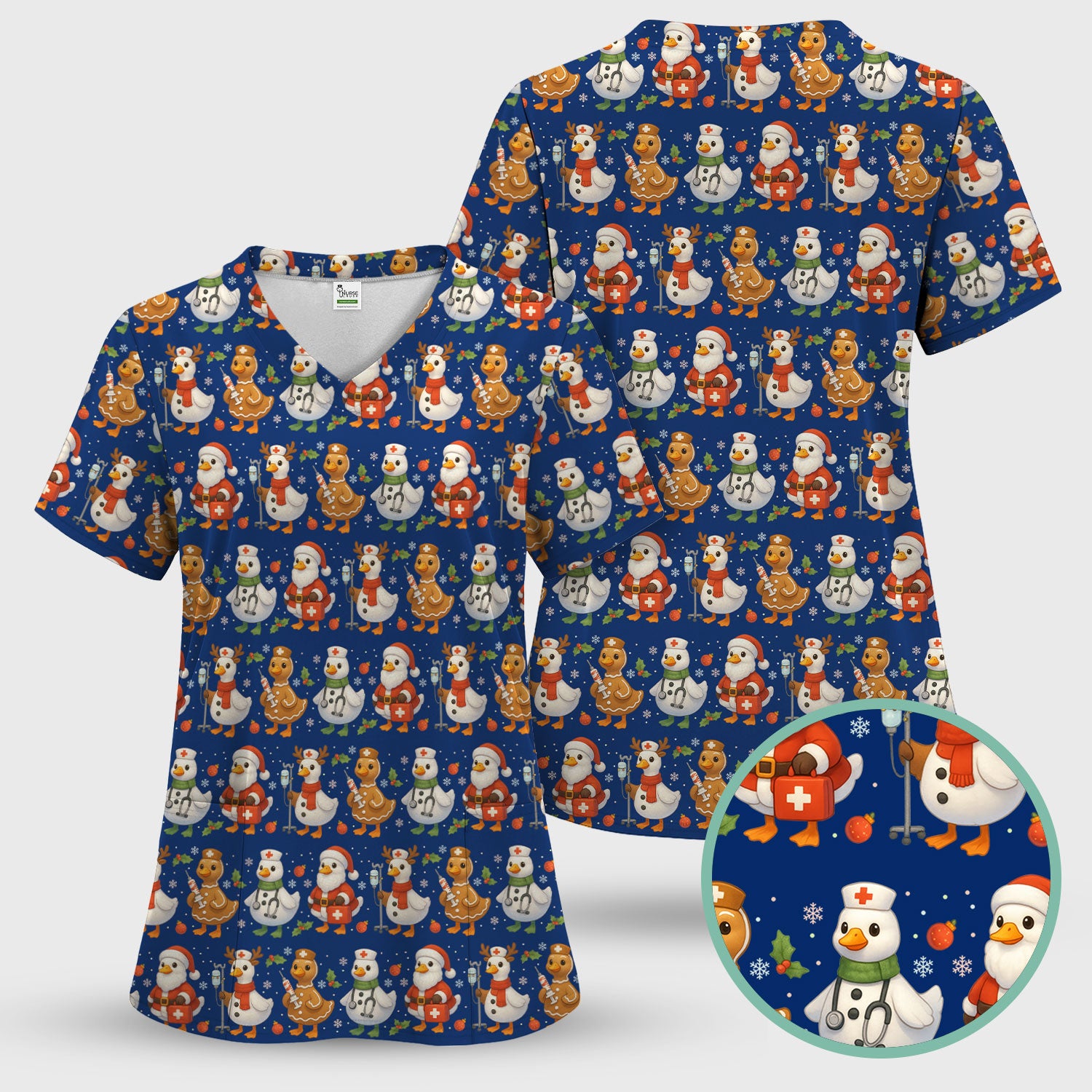 Funny Goose Christmas Scrubs for Women - Festive Holiday Pattern Scrub Top & Pants - Cute Christmas Scrubs with Charming Goose Print