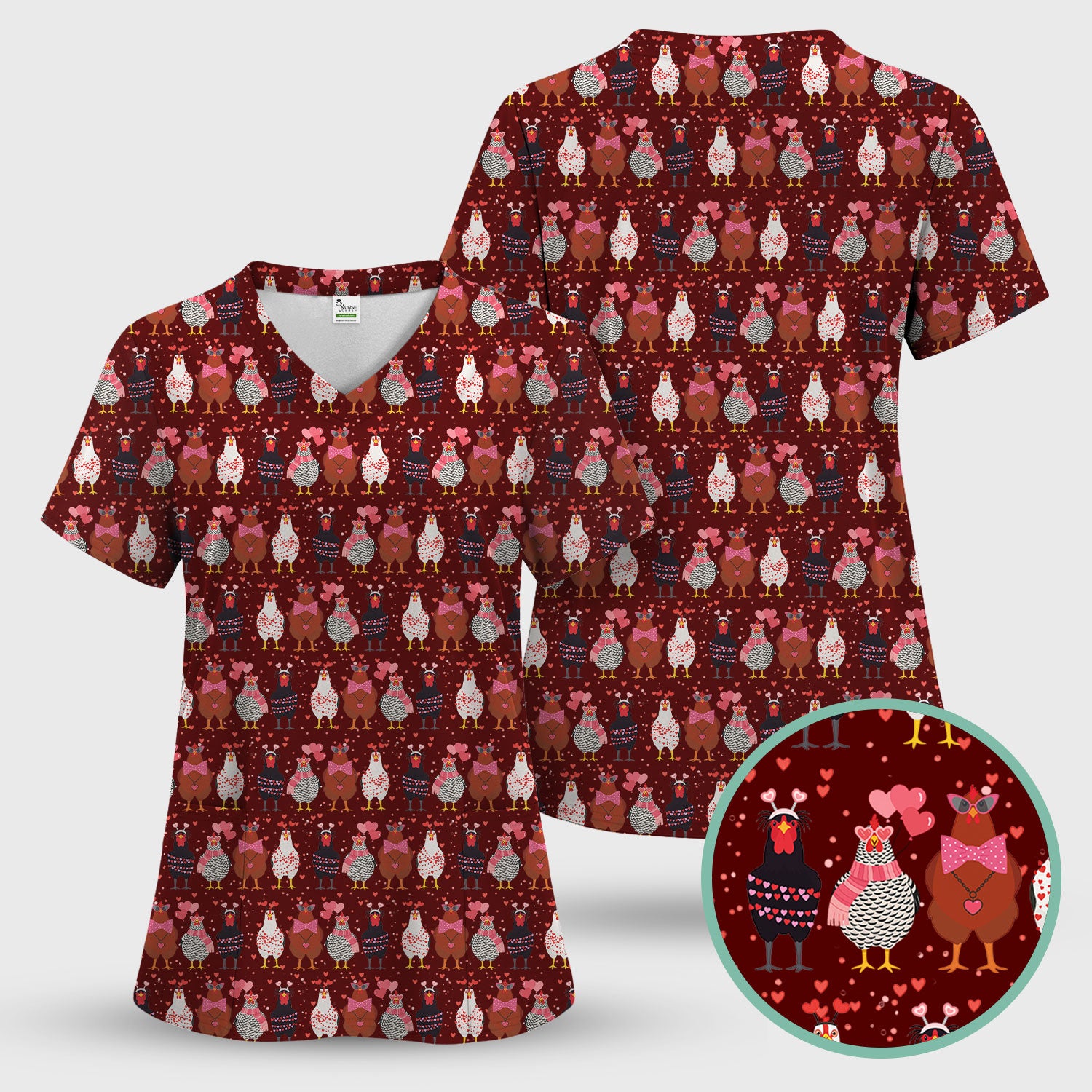 Funny Chicken Valentine Scrub Set, Chicken Pattern Scrub Shirt For Nursing, Valentine Gift For Nurse