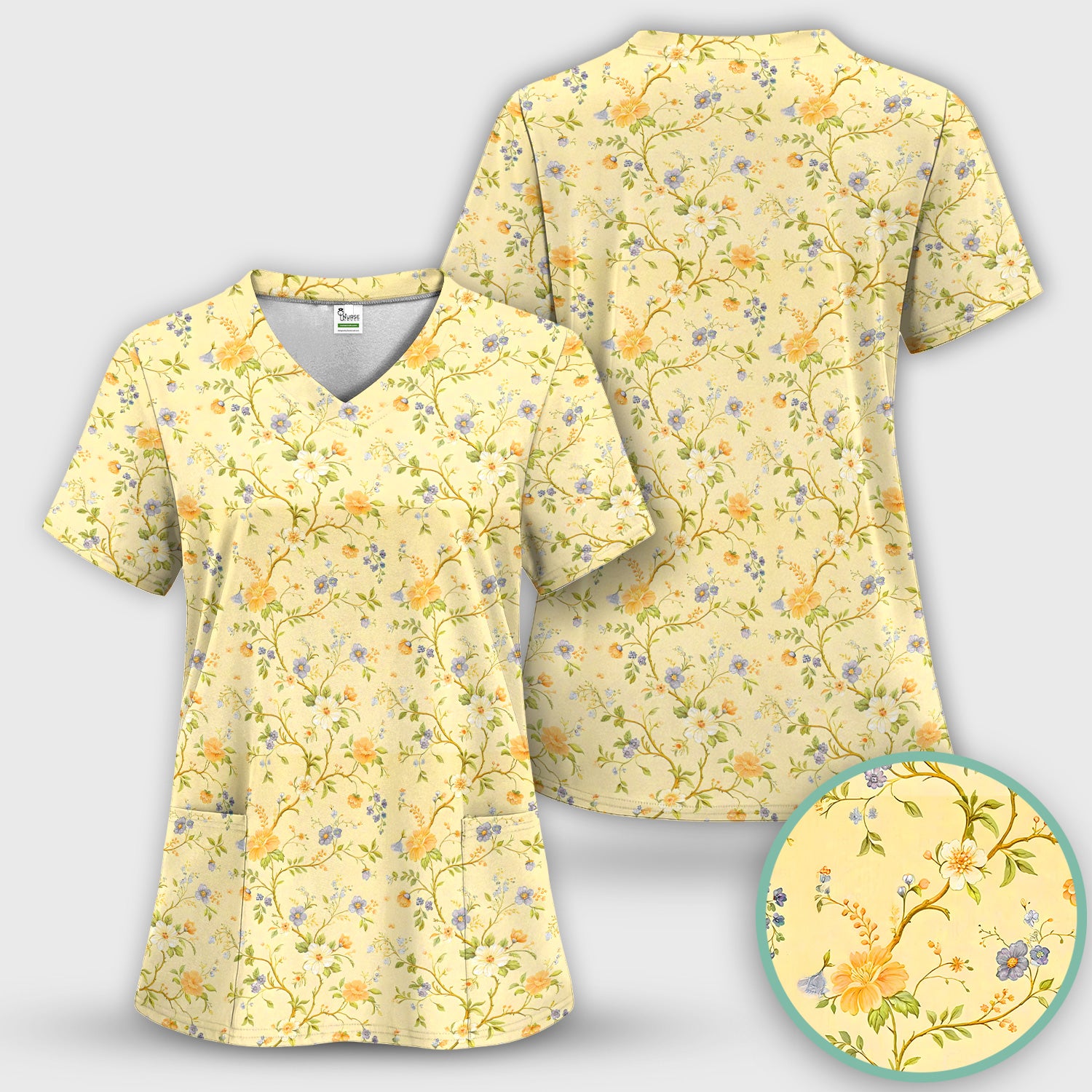 Sunny Wildflower Garden Floral Scrub Top, Comfortable Scrubs for Nurses