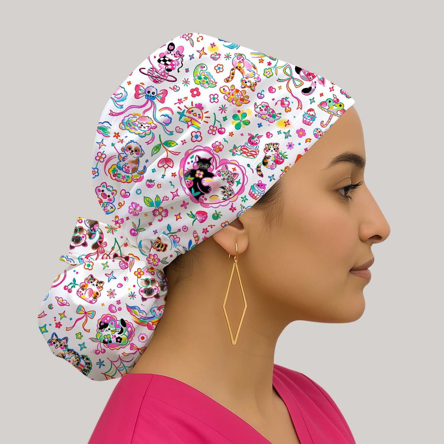 Colorful Kawaii Cat Heart Doodle Pattern Scrub Cap, Surgical Caps for Doctors