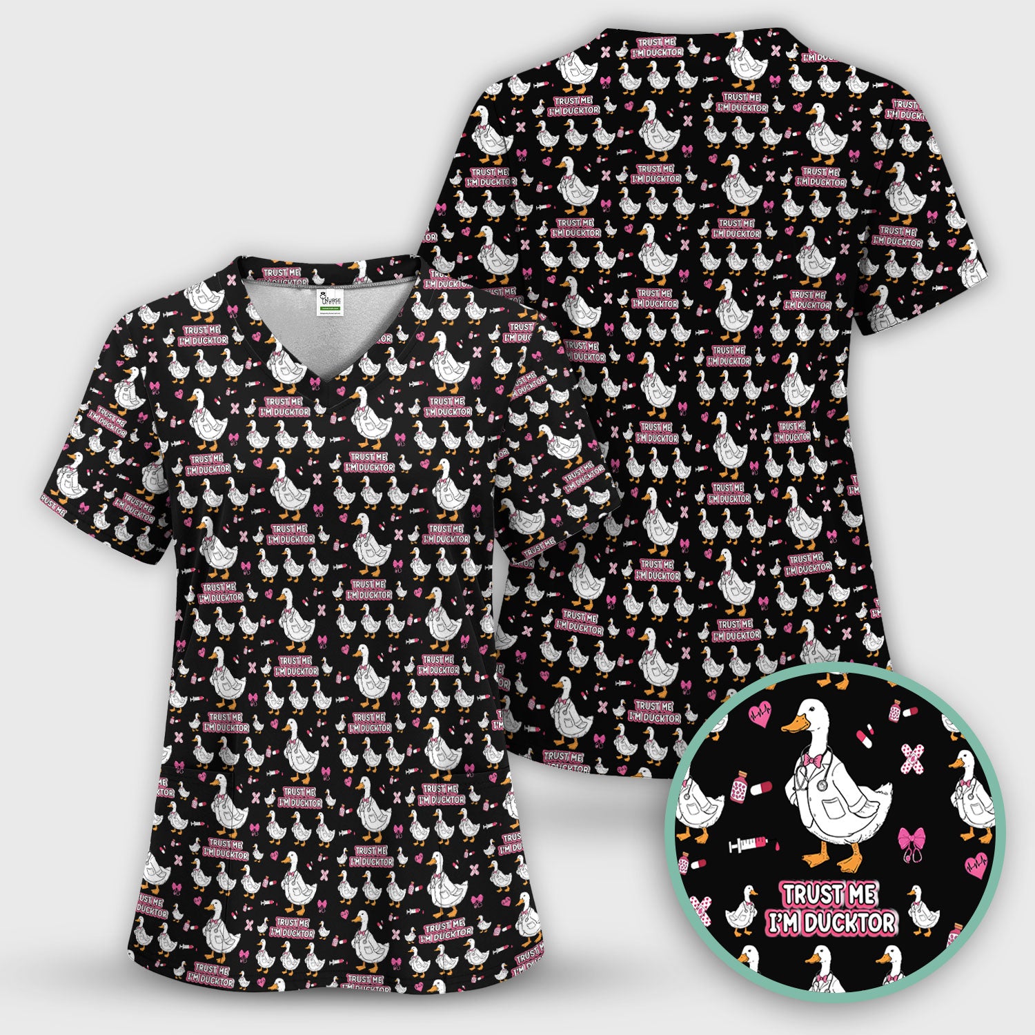 Trust Me I'm Ducktor Scrub Top, Funny Duck Pattern Scrub Shirt, Breathable Fabrics Nursing Uniform For Women