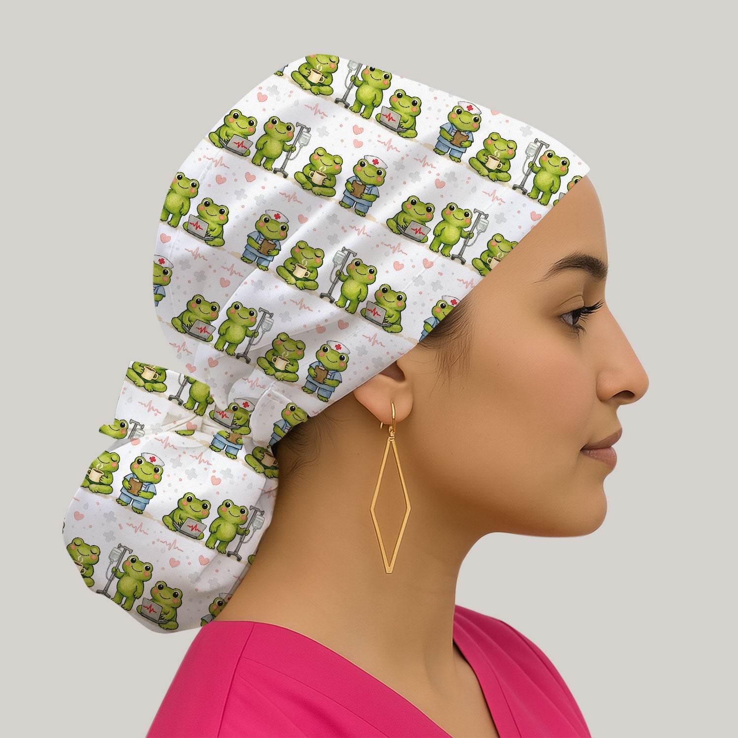 Adorable Frog Nurse Various Poses Print Bouffant Cap, Surgical Caps for Doctors