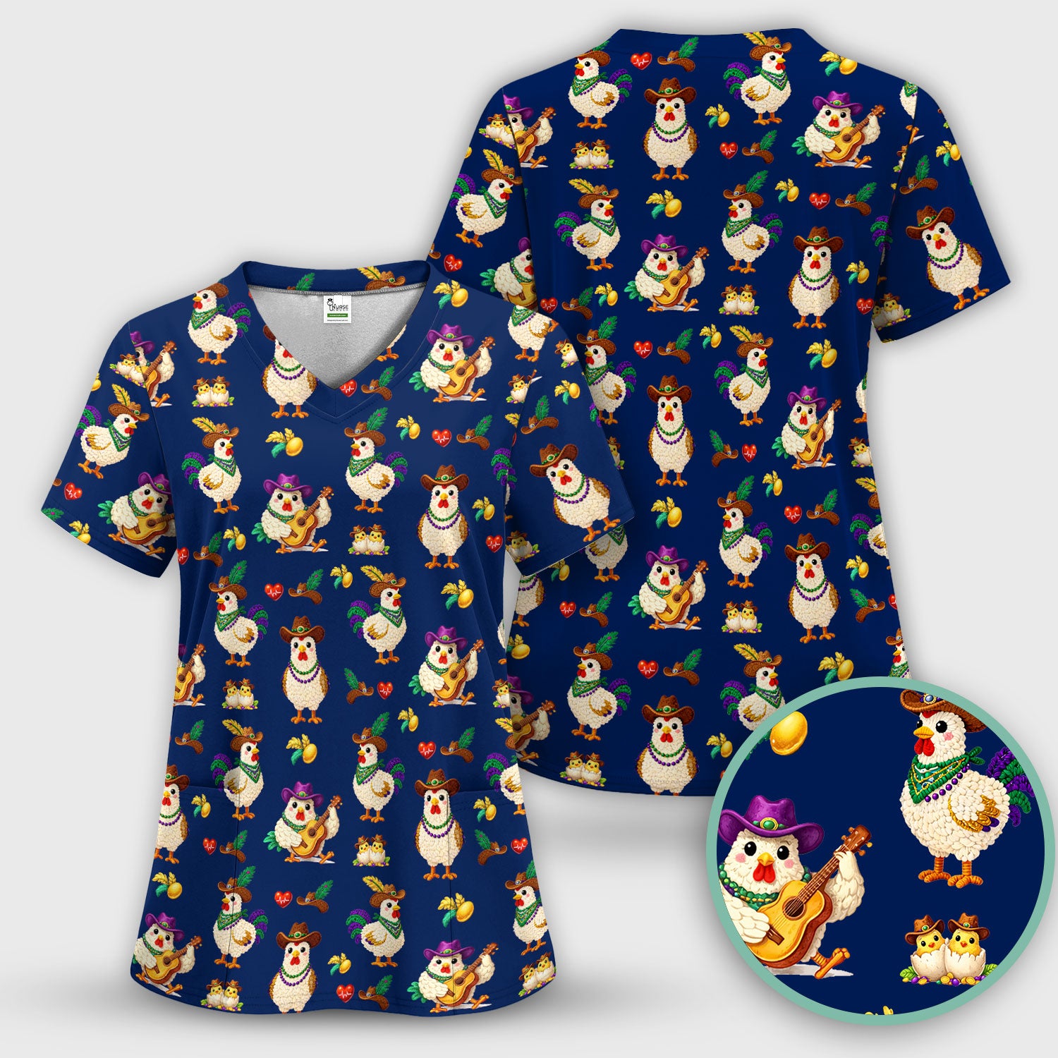 Funny Mardi Gras Rooster Cowboy Print Scrub Top, Comfortable Scrubs for Nurses