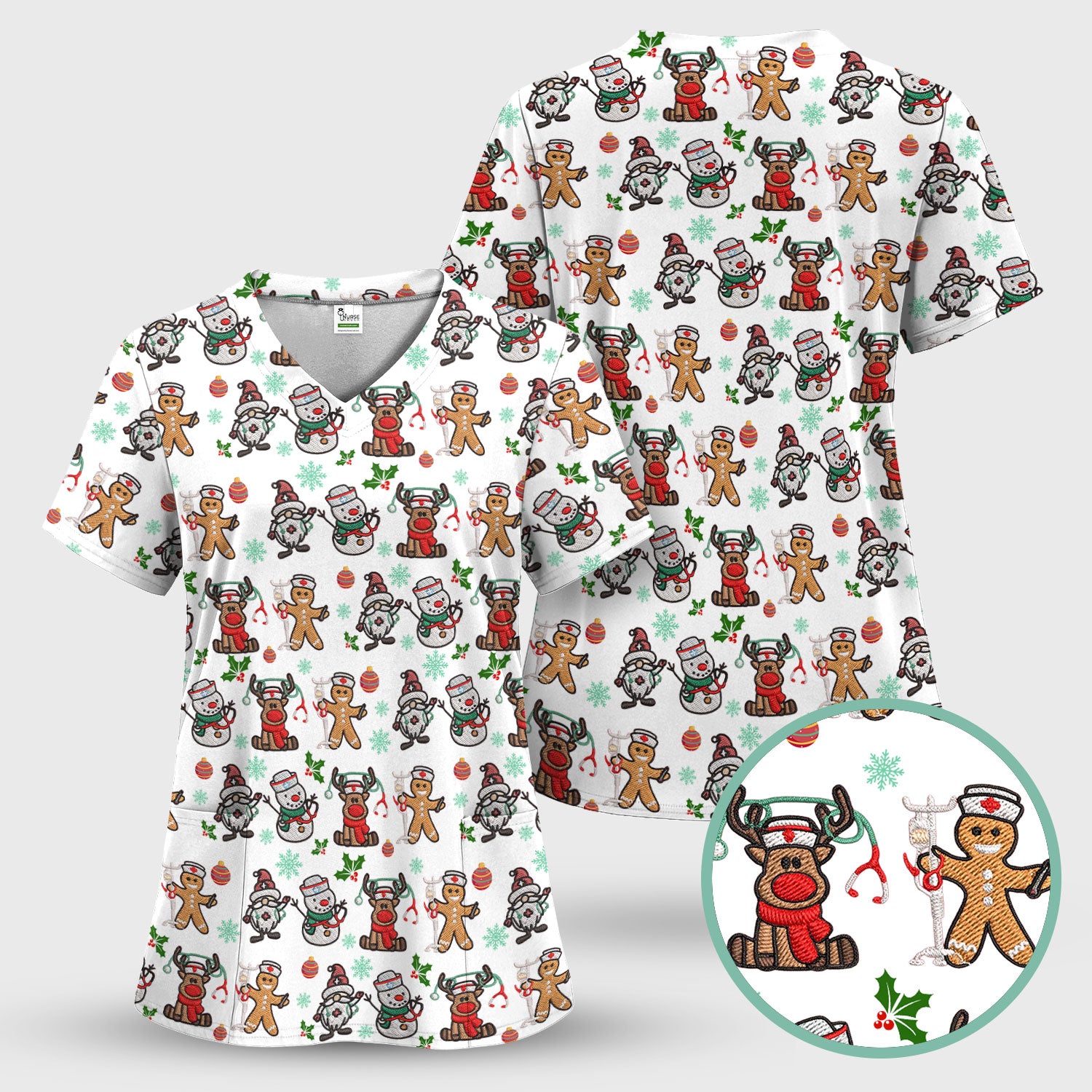 Christmas Gingerbread Scrubs for Women - Comfortable Scrubs for Nurses - Reindeer Santa Med Shirt - Breathable Fabrics Nursing Uniform