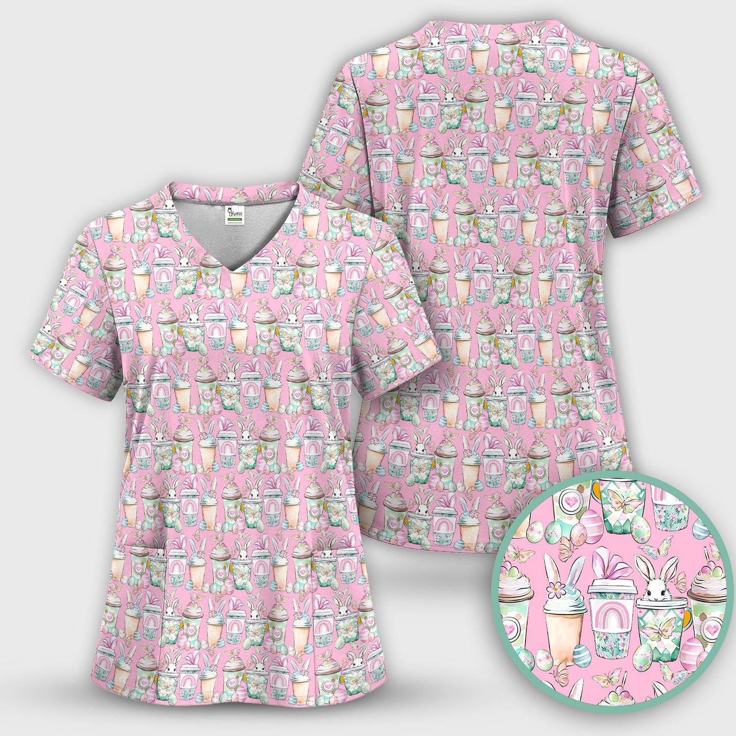 Cute Easter Bunny Coffee Cup Pattern Scrub Sets, Scrub Pants and V Neck Top