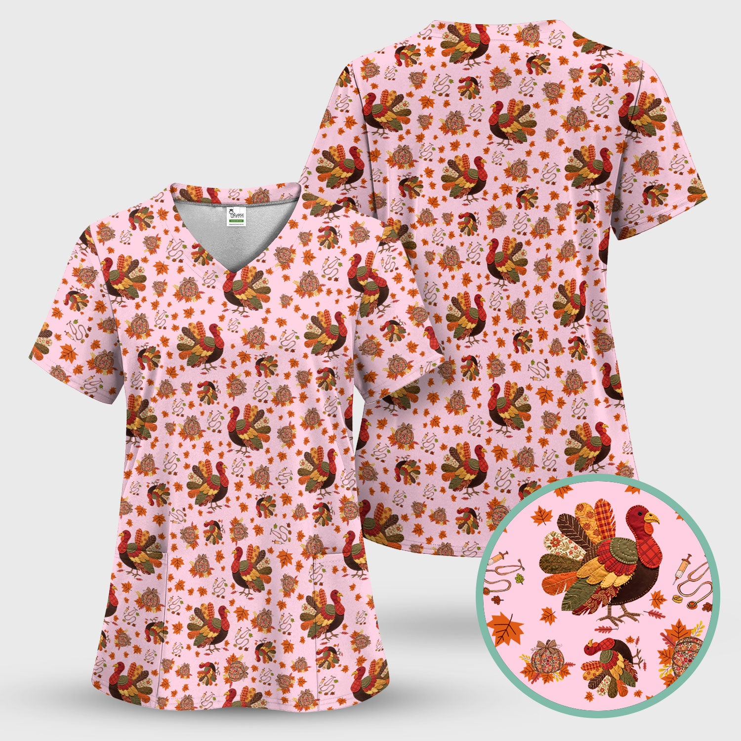 Thanksgiving Turkey Nurse Scrub Top for Women - Fall Leaves Pattern Shirts - Autumn Nursing Uniform Gift for RN LPN CNA