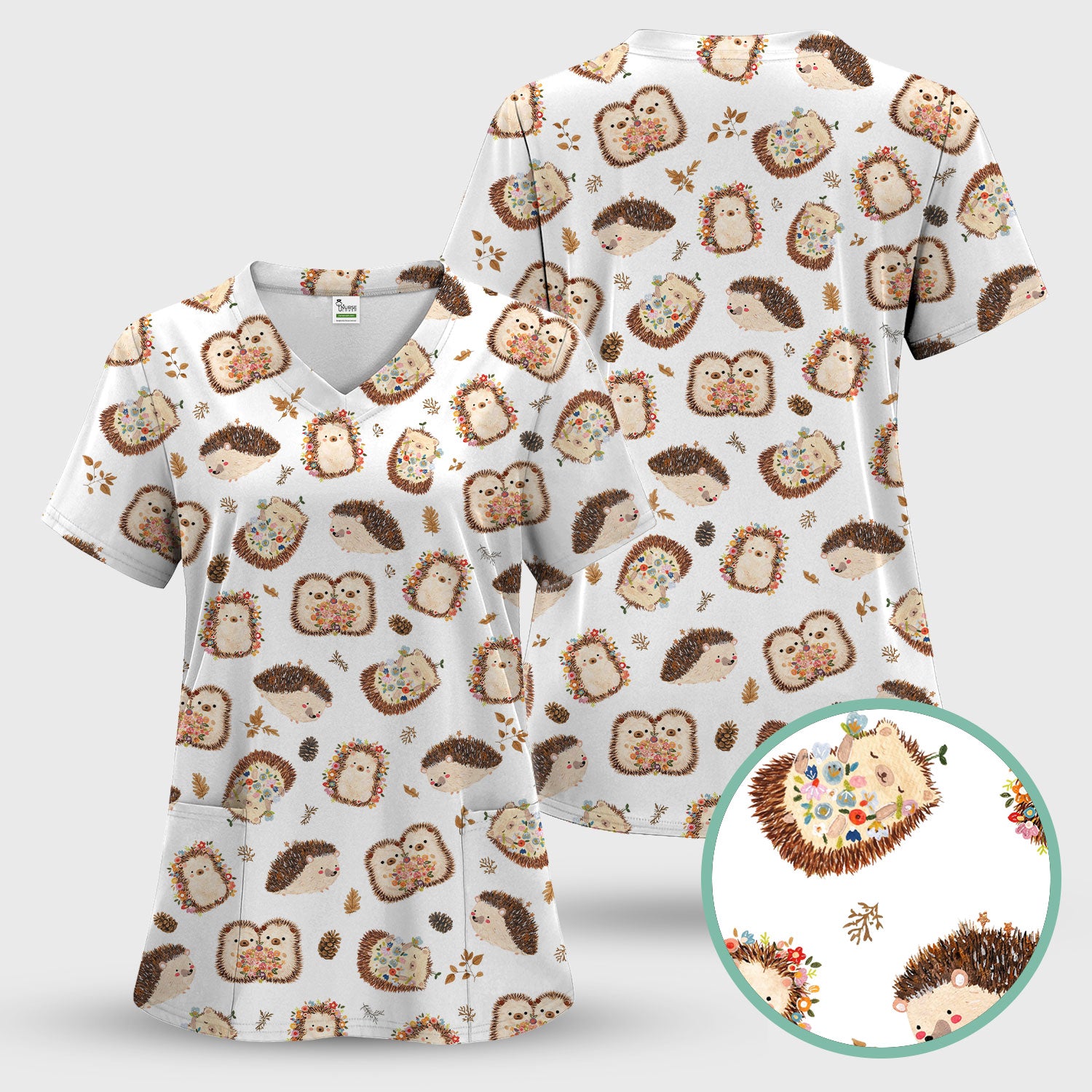 Cute Hedgehog Floral Scrub Set, Breathable Med Uniform