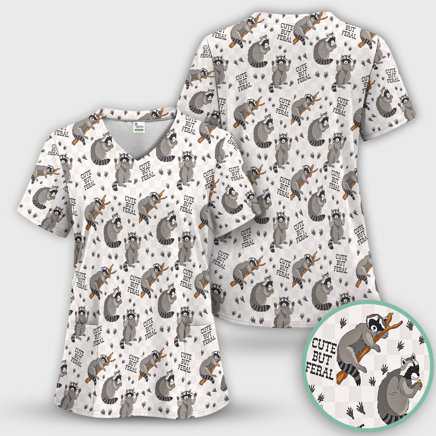 Funny Feral Raccoon Pattern Scrub Top, Comfortable Scrubs for Nurses