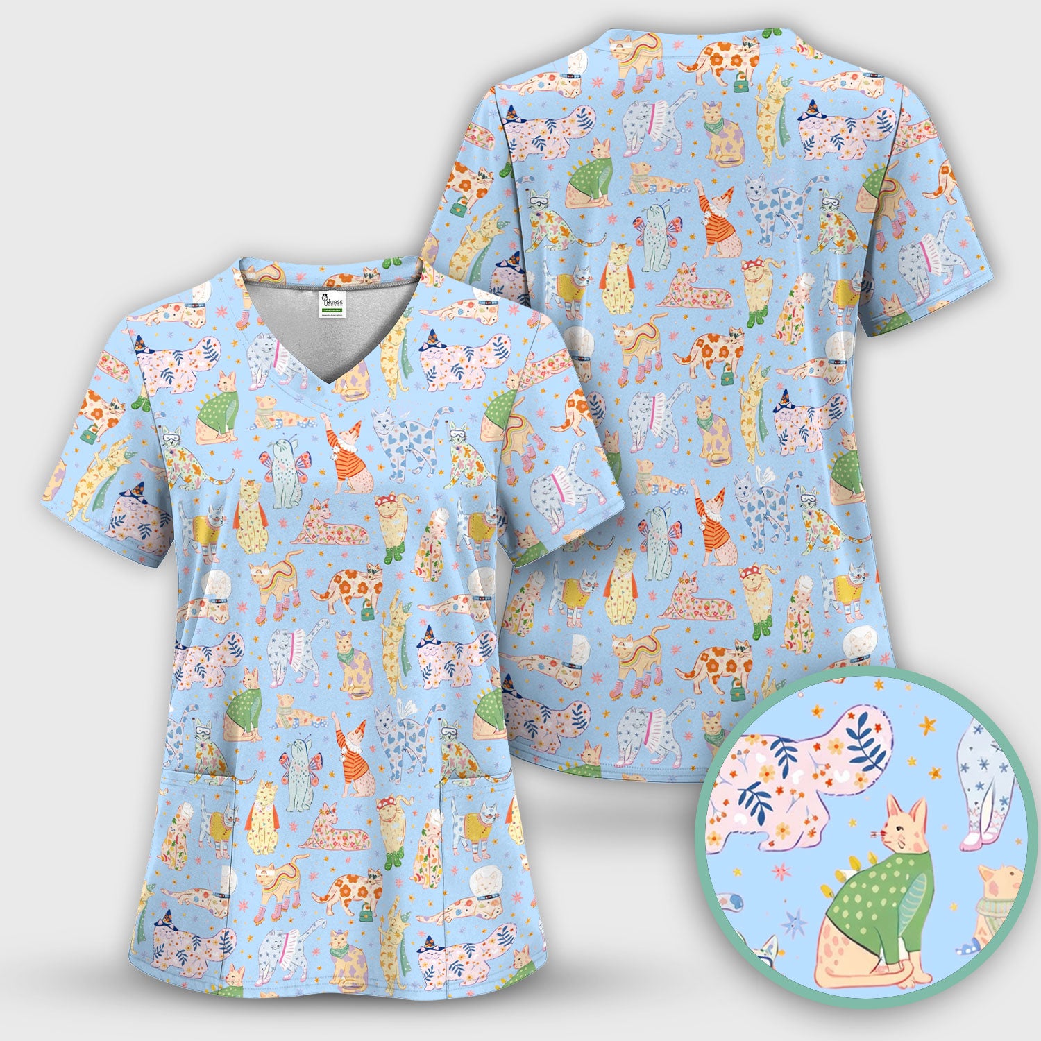 Colorful Pastel Cartoon Cats Print Scrub Top, Breathable Fabrics Nursing Uniform