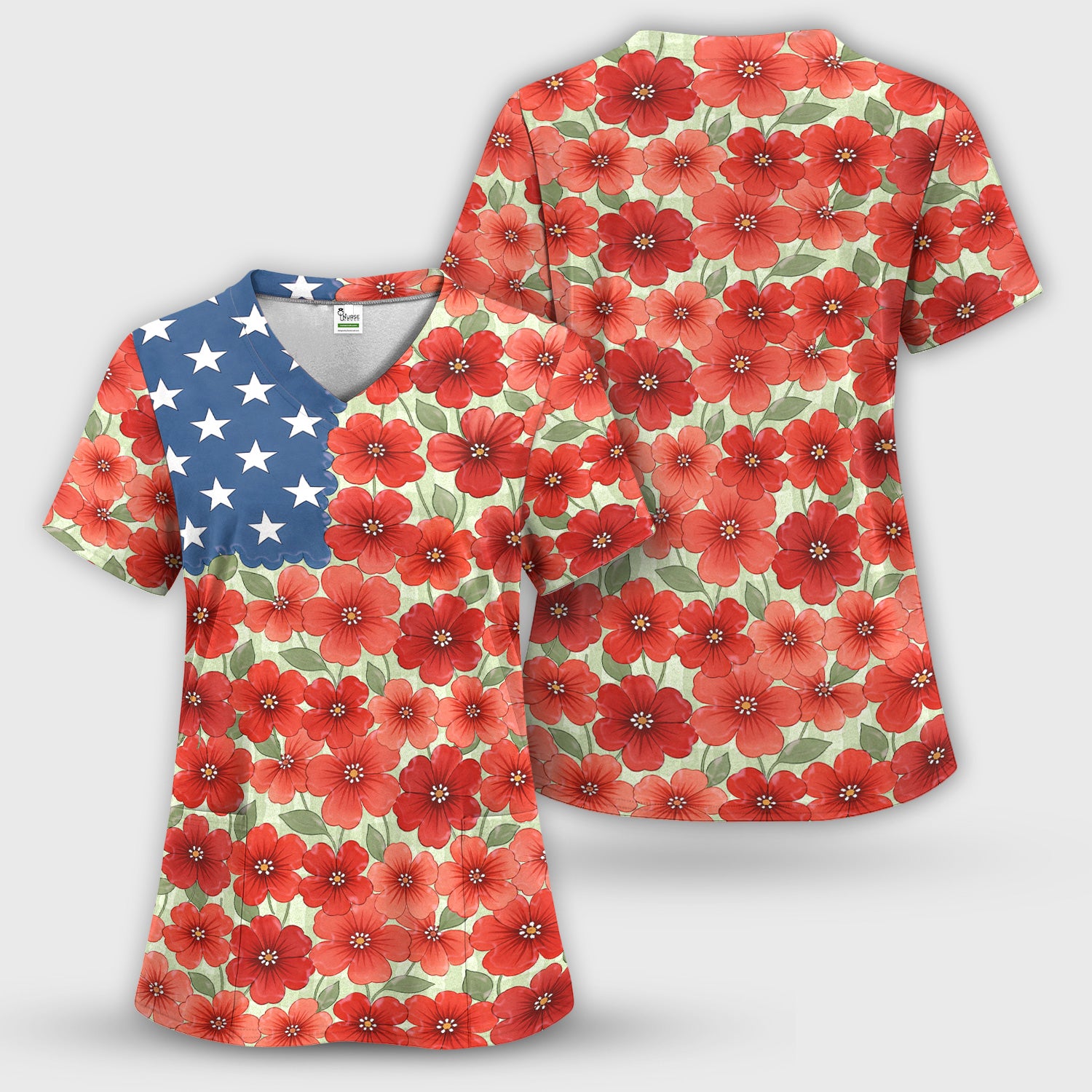 Patriotic USA Flag With Red Floral Blossom Pattern Scrub Set, Scrub Pants and V Neck Top