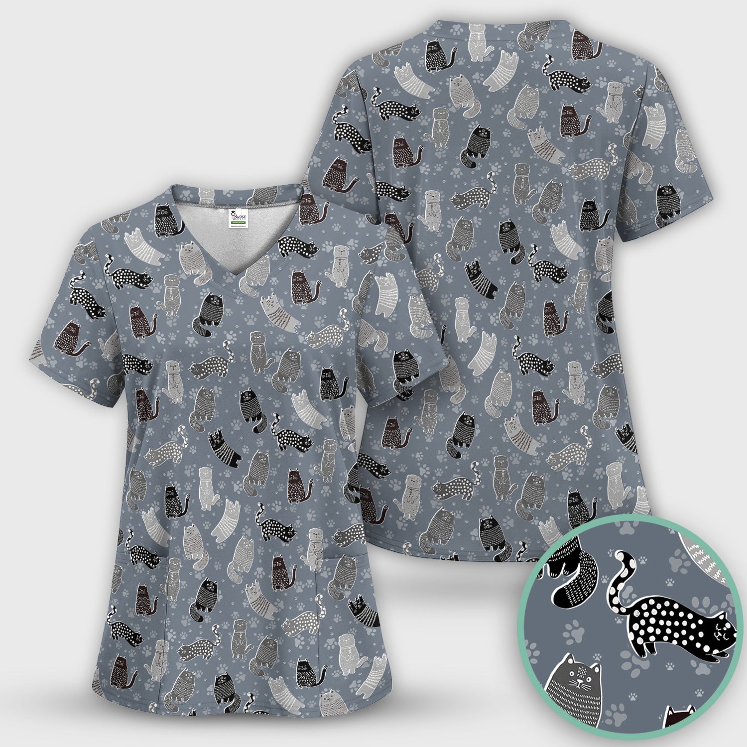 Cute Cat and Paw Print Pattern Scrub Top, Breathable Fabrics Nursing Uniform