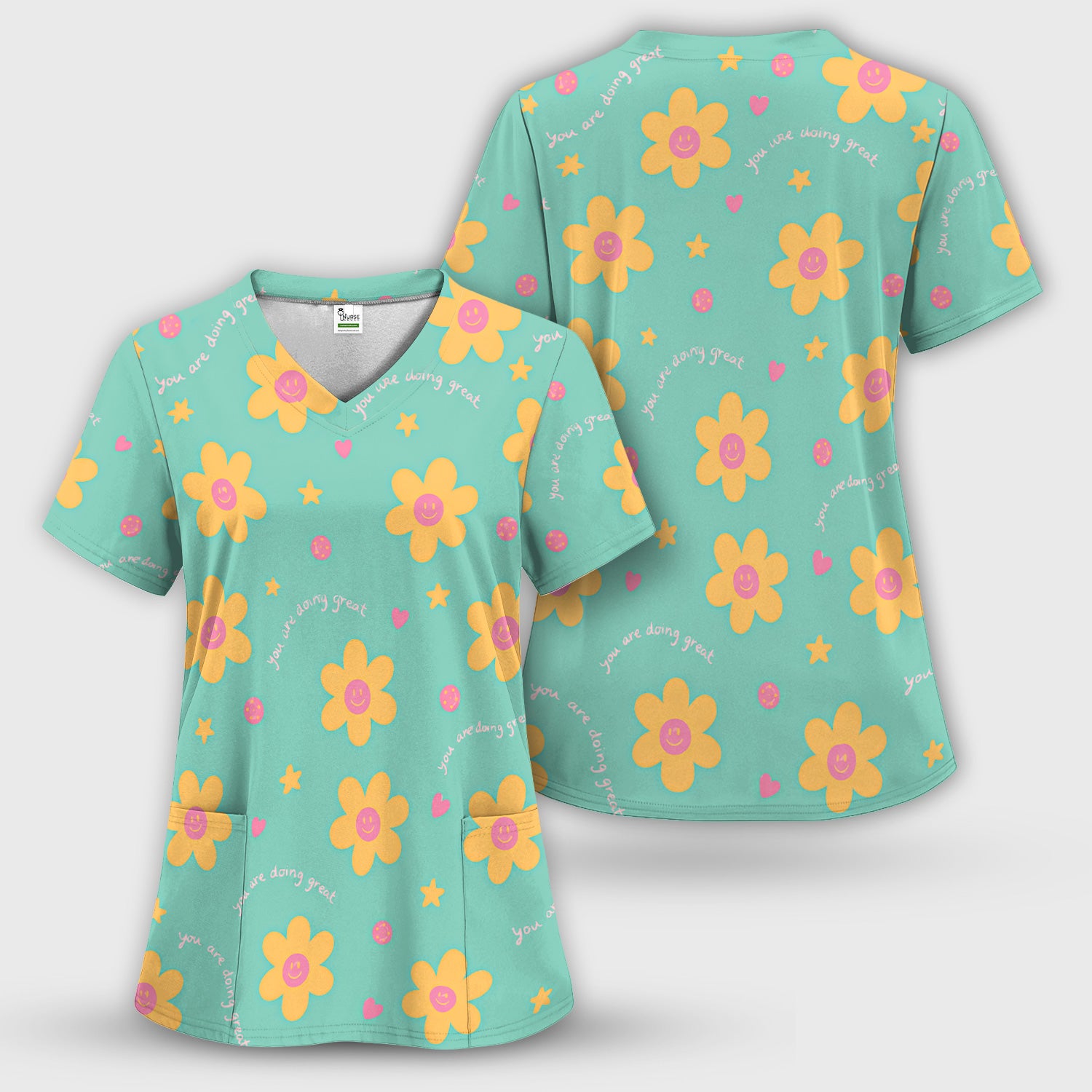 Cheerful Smiley Flower Pattern, Positive Medical Scrub Set, Scrub Pants and V Neck Top