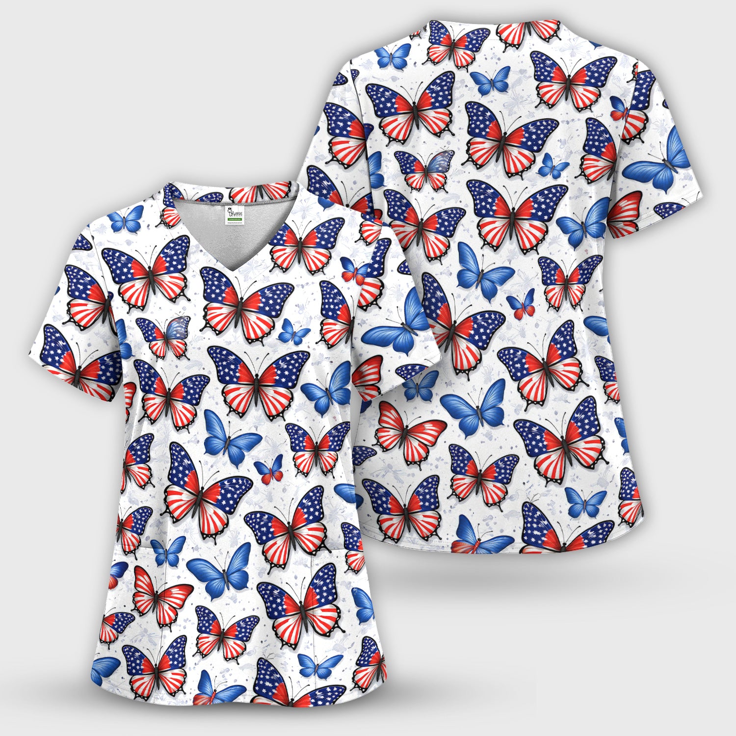 Charming Patriotic Butterfly Star Pattern Scrub Set, Scrub Pants and V Neck Top