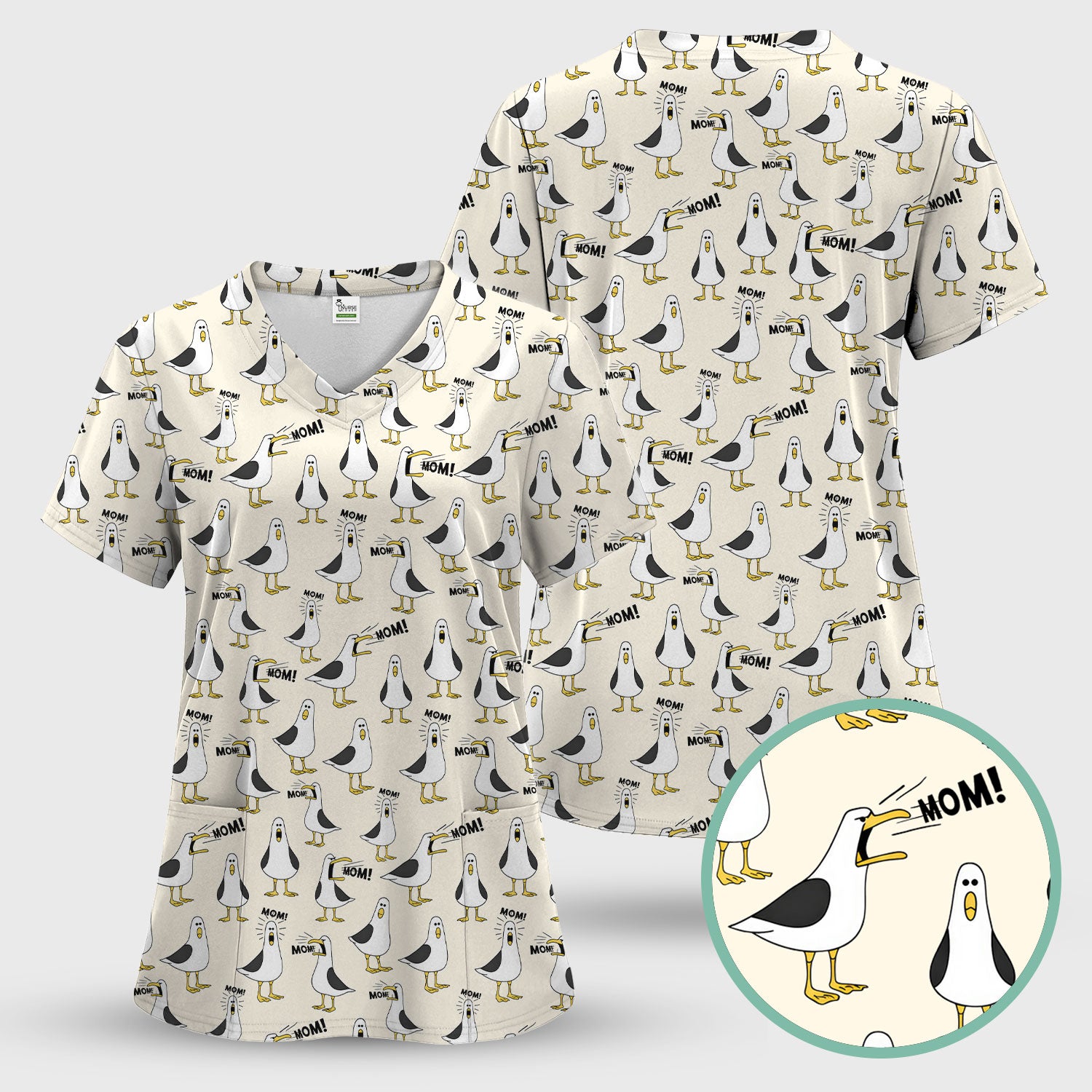 Funny Seagull Mom Seamless Pattern Scrub Set, Scrub Pants and V Neck Top
