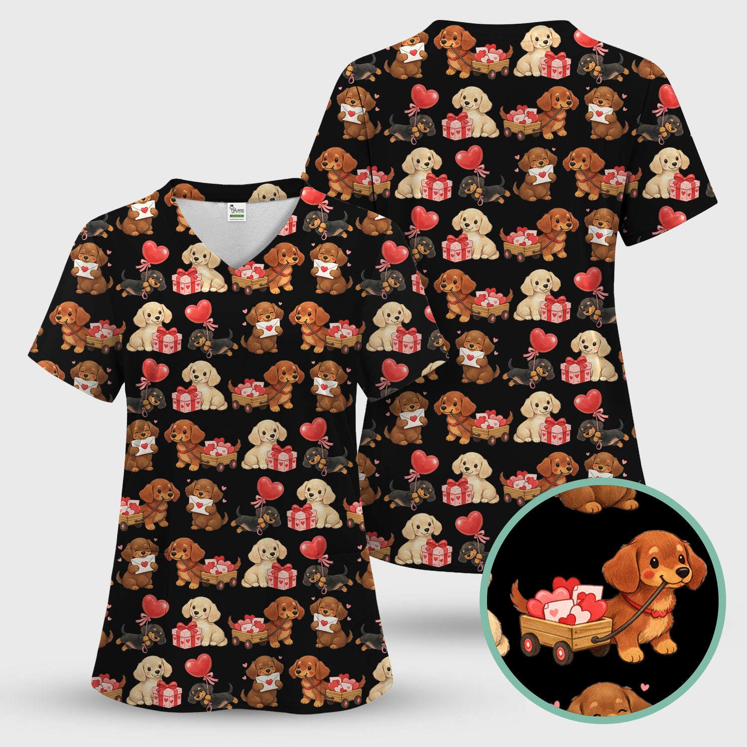 Cute Dachshund Nurse Scrub Top For Nurses, Wiener Dog Pattern Nurse Shirt, Breathable Fabrics Nursing Uniform