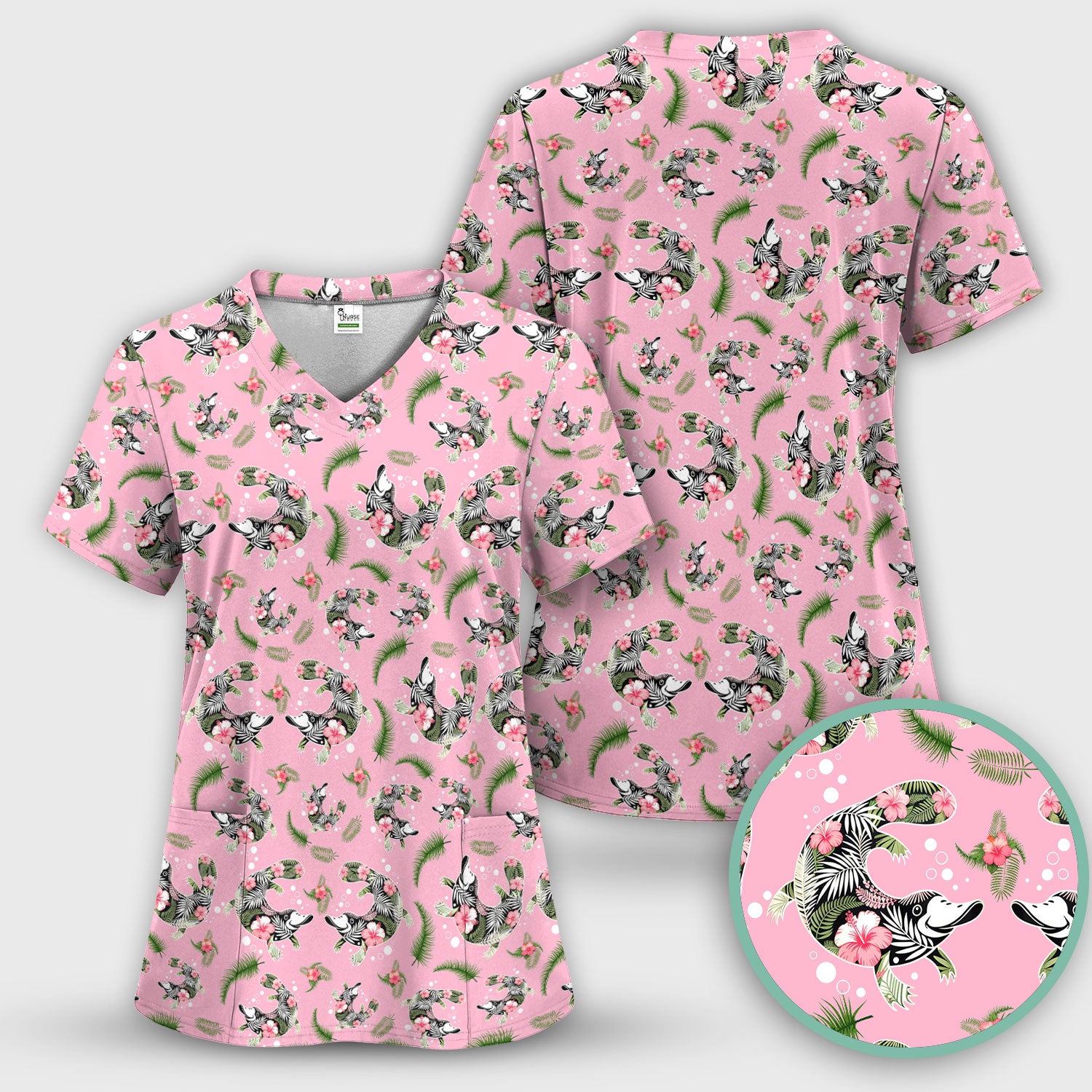 Cute Platypus Scrub Top, Tropical Floral Animal Pattern Nurse Shirt, Breathable Fabrics Nursing Uniform