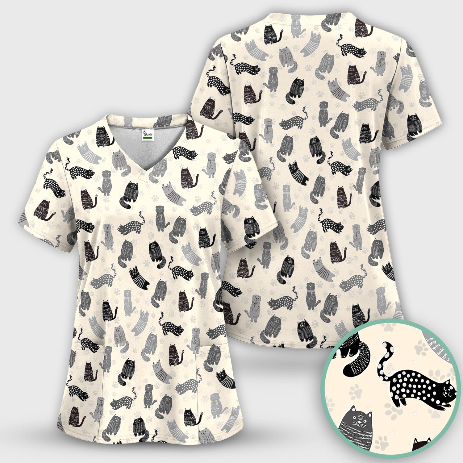 Cute Cat and Paw Print Pattern Scrub Top, Breathable Fabrics Nursing Uniform