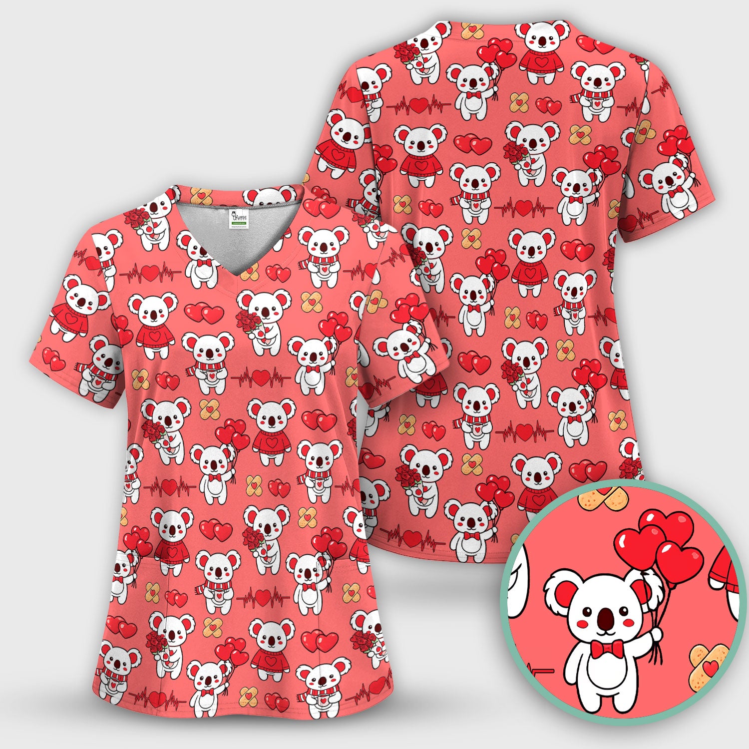 Sweet Koala Valentine Medical Design Scrub Set, Breathable Med Uniform