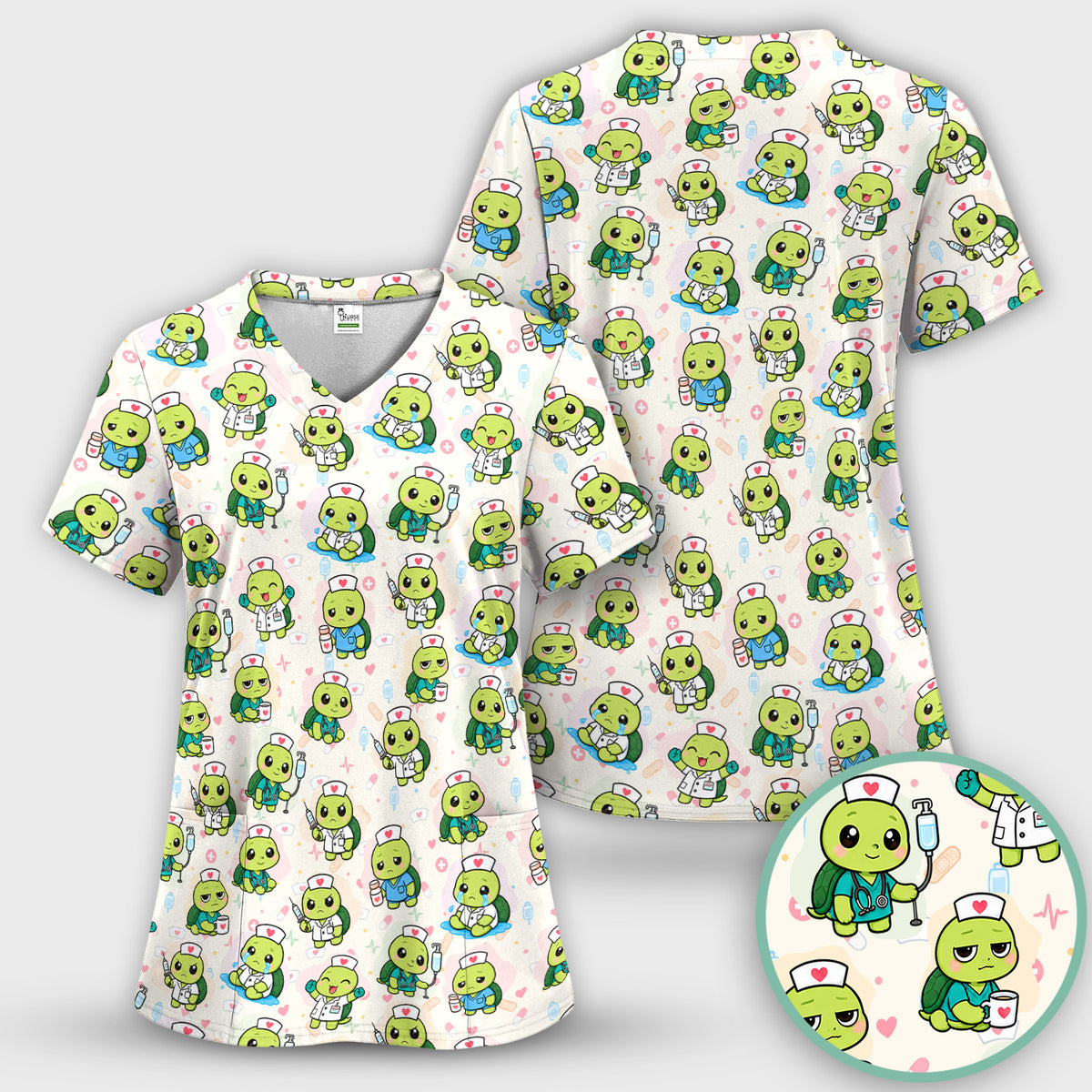 Cute Nurse Turtle Medical Icons Scrub Top, Comfortable Scrubs for Nicu Nurses