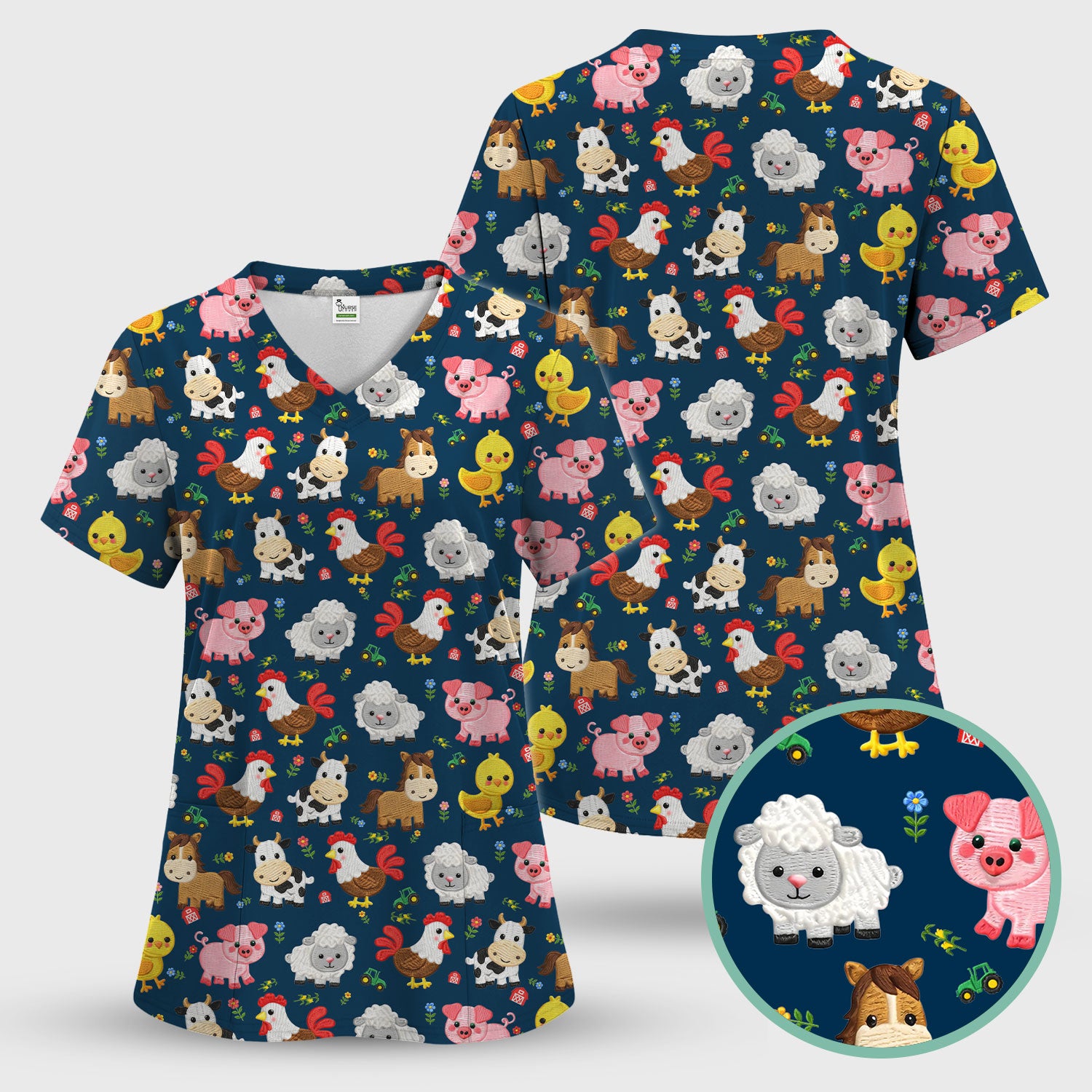 Cartoon Farm Animal Pattern Scrub Top, Breathable Fabrics Nursing Uniform