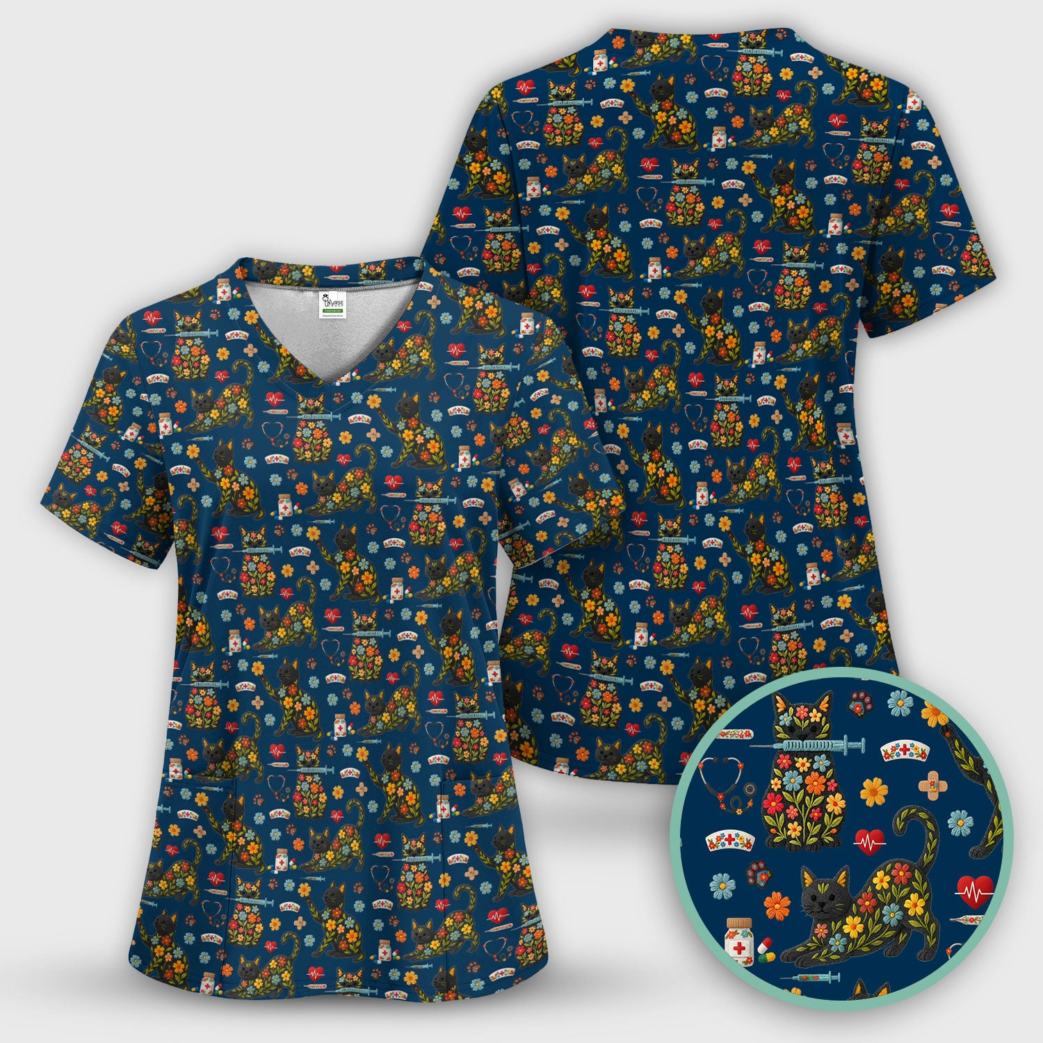 Floral Black Cat Pattern Scrub Top, Cute Cat Nurse Scrub Shirt, Medical Nursing Uniform
