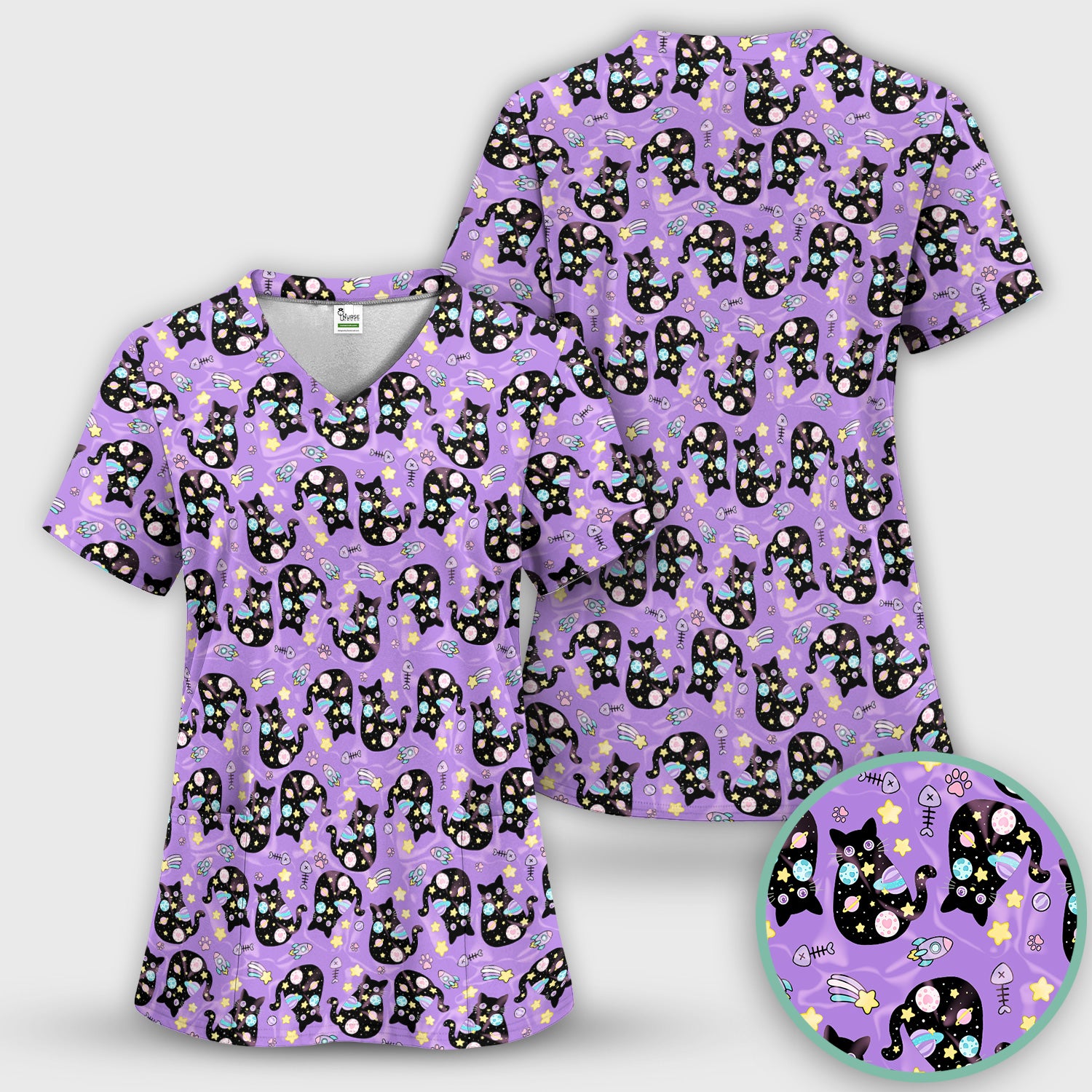 Galaxy Black Cat Space Pattern Scrub Top, Breathable Fabrics Nursing Uniform