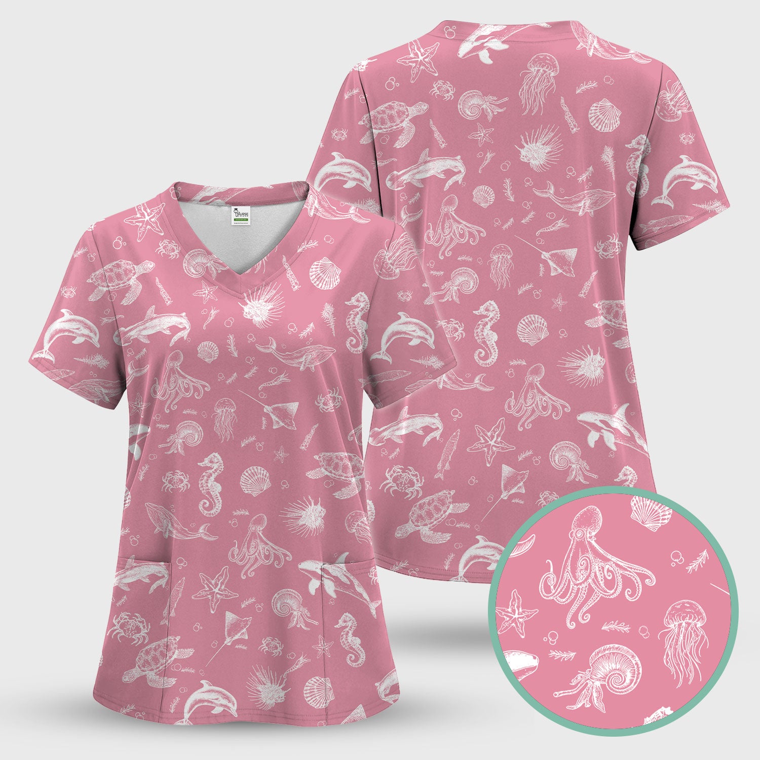 Marine Sea Life Pattern Scrub Top, Breathable Fabrics Nursing Uniform