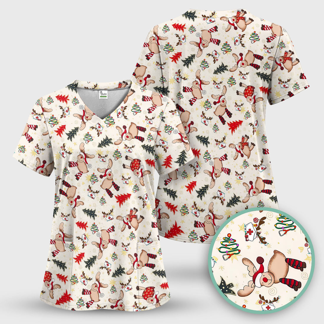 Cute Reindeer Christmas Nurse Scrub Top - Festive Holiday Medical Shirt - Comfortable Scrubs for Women RN CNA LPN