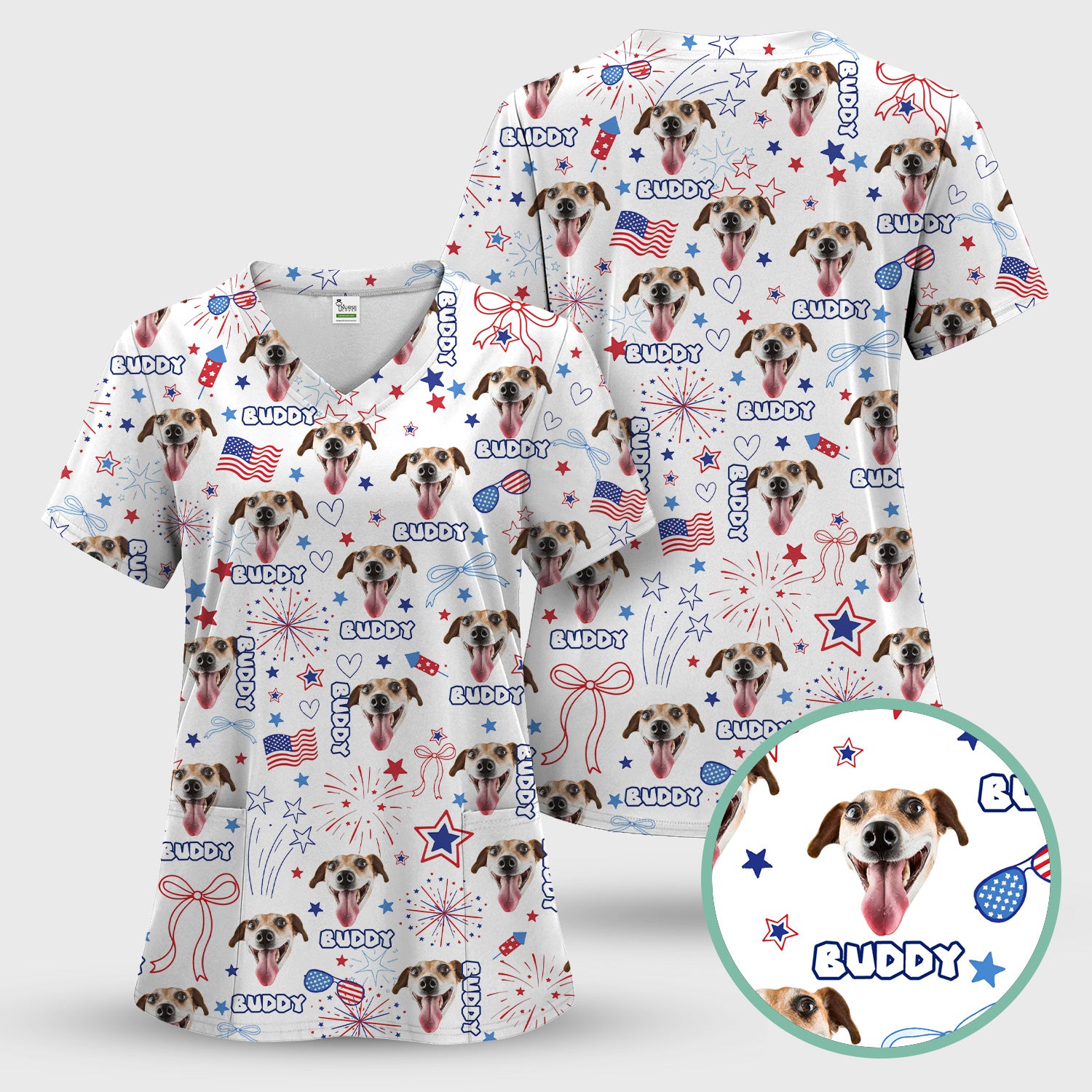 Personalized Patriotic Dog Face Name Pattern Scrub Set, Scrub Pants and V Neck Top