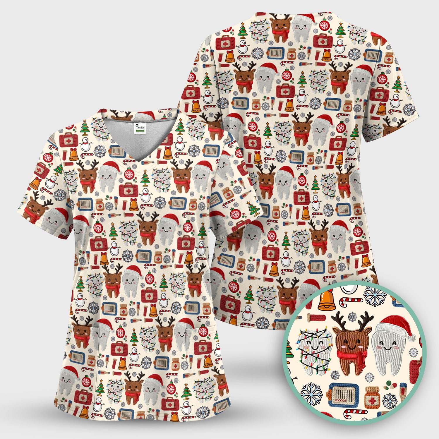 Christmas Dental Scrub Top - Cute Santa & Reindeer Tooth Shirt - Funny Holiday Medical Uniform for Dentists, Hygienists & Nurses