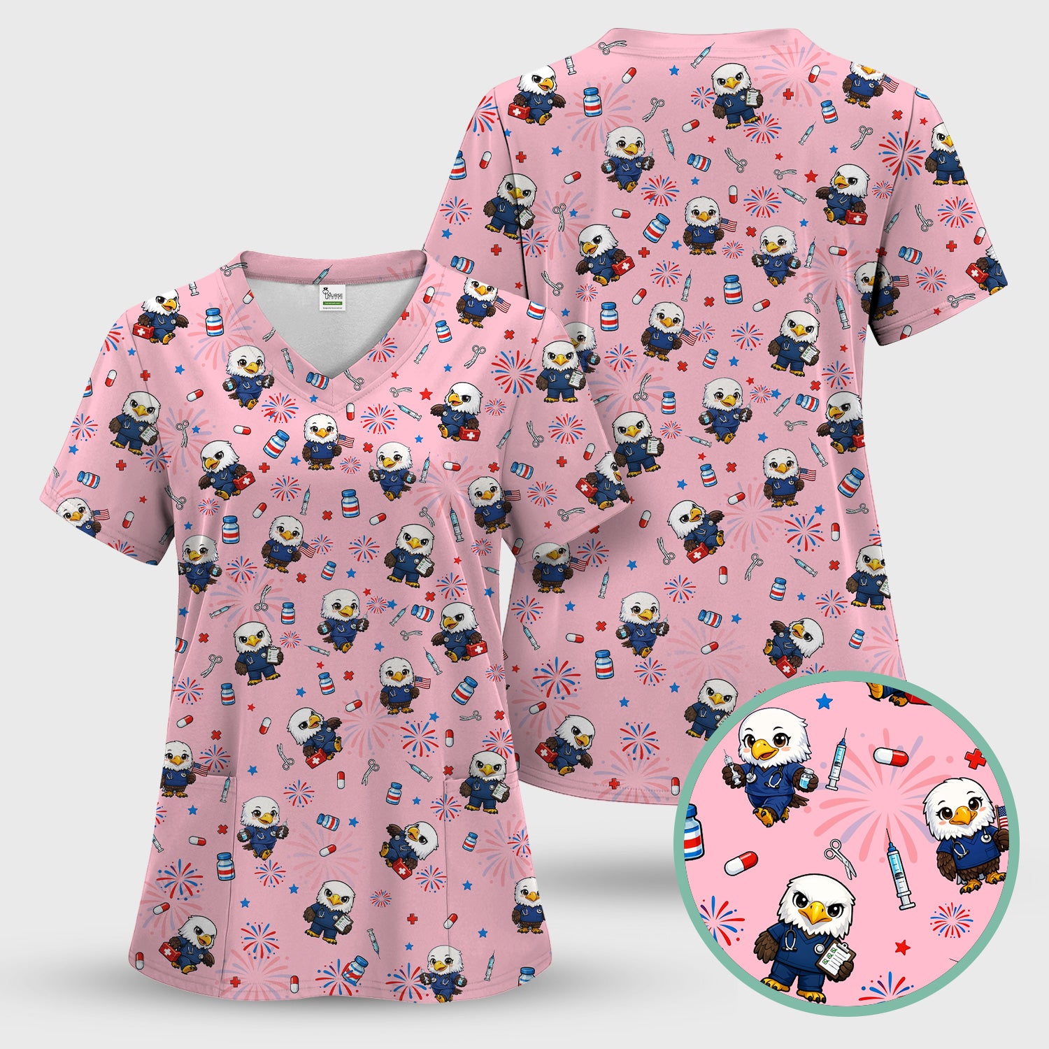 Patriotic Nurse Eagle Fireworks Medical Pattern Scrub Set, Women's Scrub Sets