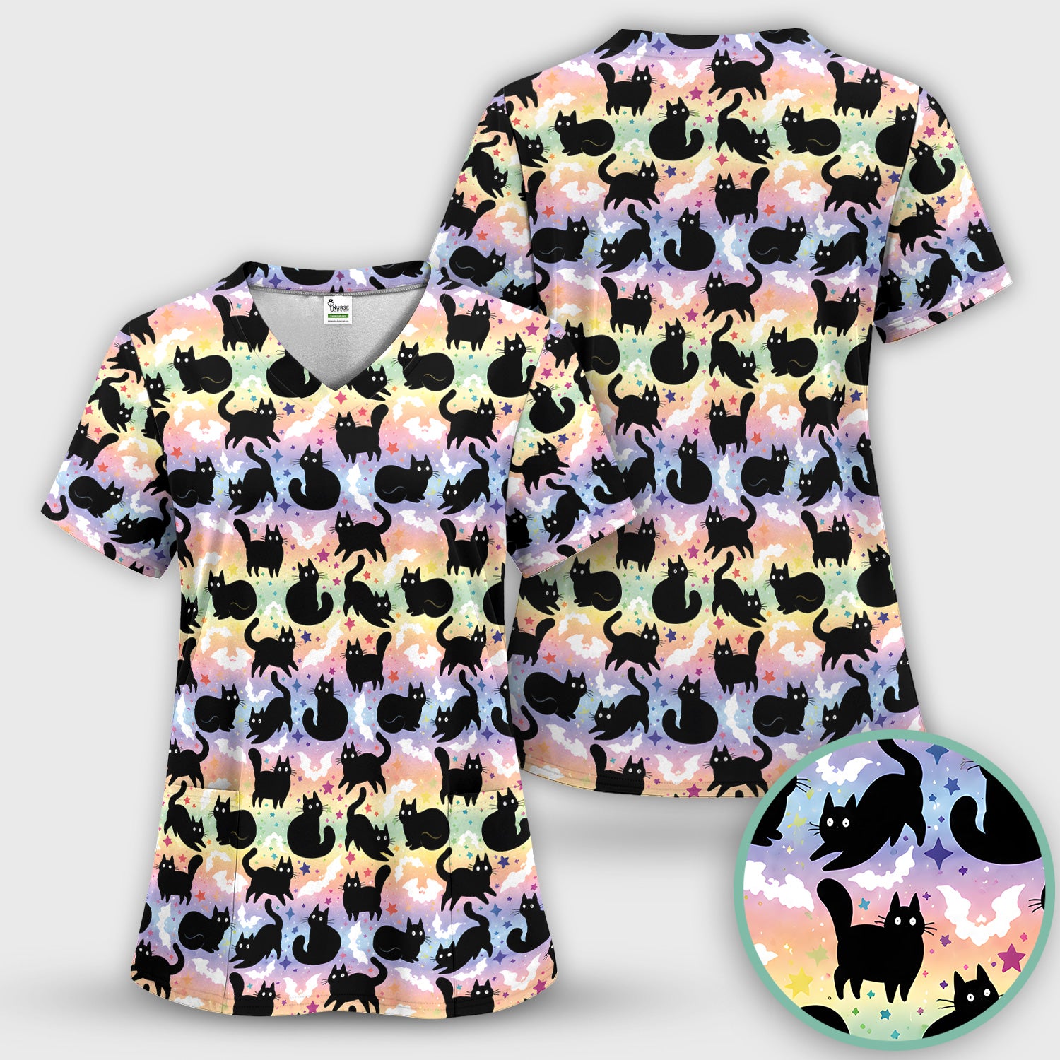 Pastel Star Black Cat Pattern Scrub Set, Scrub Pants and V Neck Top