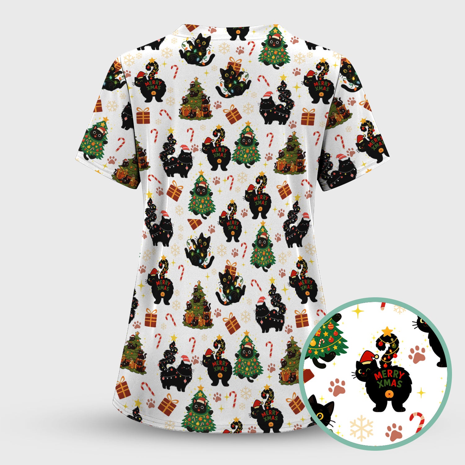 Funny Cat Print Nurse Scrub Top - Christmas Medical Shirt for Women & Men - Cute Holiday Gift Idea for RN CNA Doctor Scrubs
