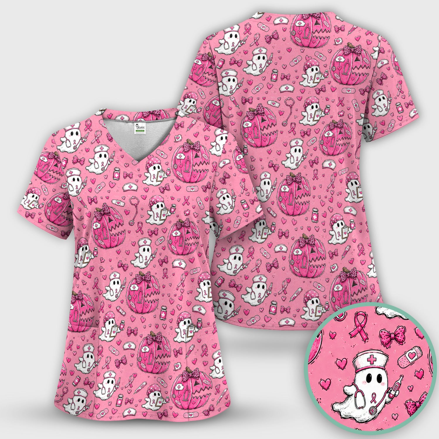 Pink Ribbon Ghost Pattern Scrub Set, Scrub Pants and V Neck Top