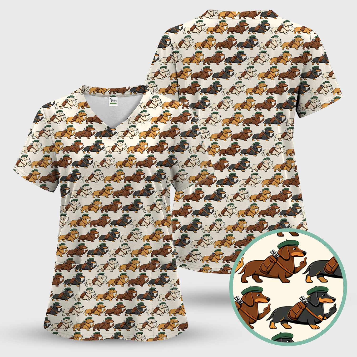 Cartoon Dachshund Dog Wearing Hat And Backpack Pattern Scrub Set, Scrub Pants and V Neck Top